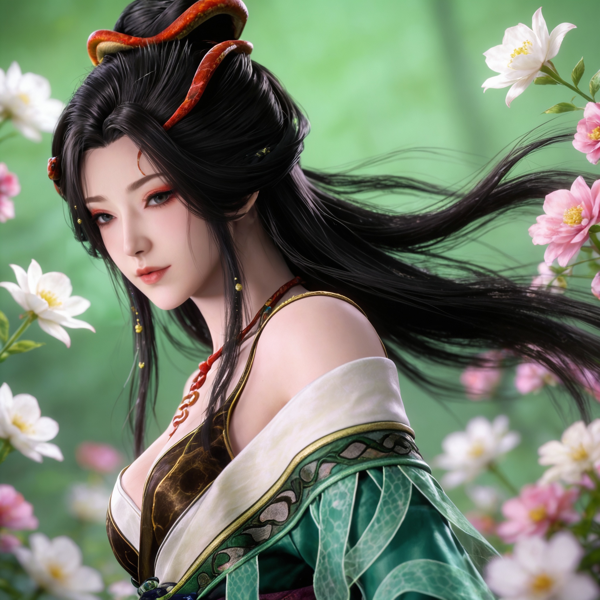 score_9,<lora:牧神记-龙娇男Pony:0.8> 1girl,solo, long hair, black hair, hair ornament, hair bun,necklace, bare shoulders, chinese clothes, breasts, green dress, off shoulder, sash, upper body,from side,flower,