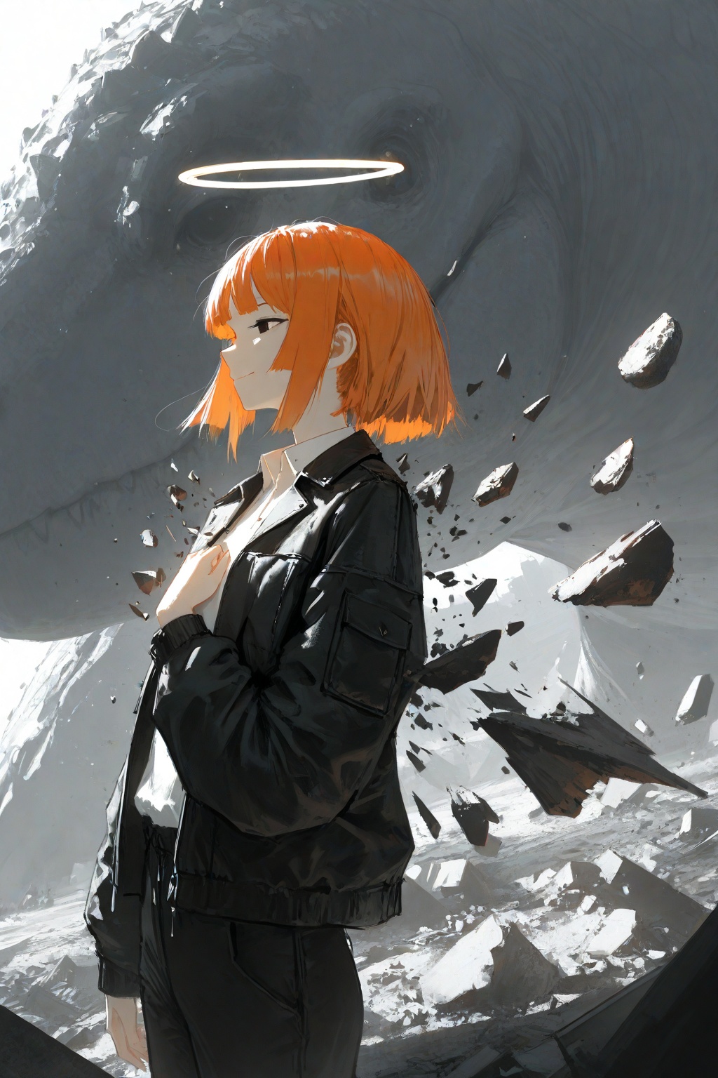 masterpiece,best quality,amazing quality,very aesthetic,absurdres,newest,highres,dino_(dinoartforame),1girl,absurdres,asteroid_ill,black_jacket,black_pants,closed_eyes,closed_mouth,collared_shirt,cowboy_shot,debris,disintegration,facing_ahead,floating_clothes,from_side,halo,hand_on_own_chest,highres,jacket,long_bangs,long_sleeves,medium_hair,open_clothes,open_jacket,orange_hair,original,pants,profile,shirt,sidelocks,smile,solo,white_shirt,