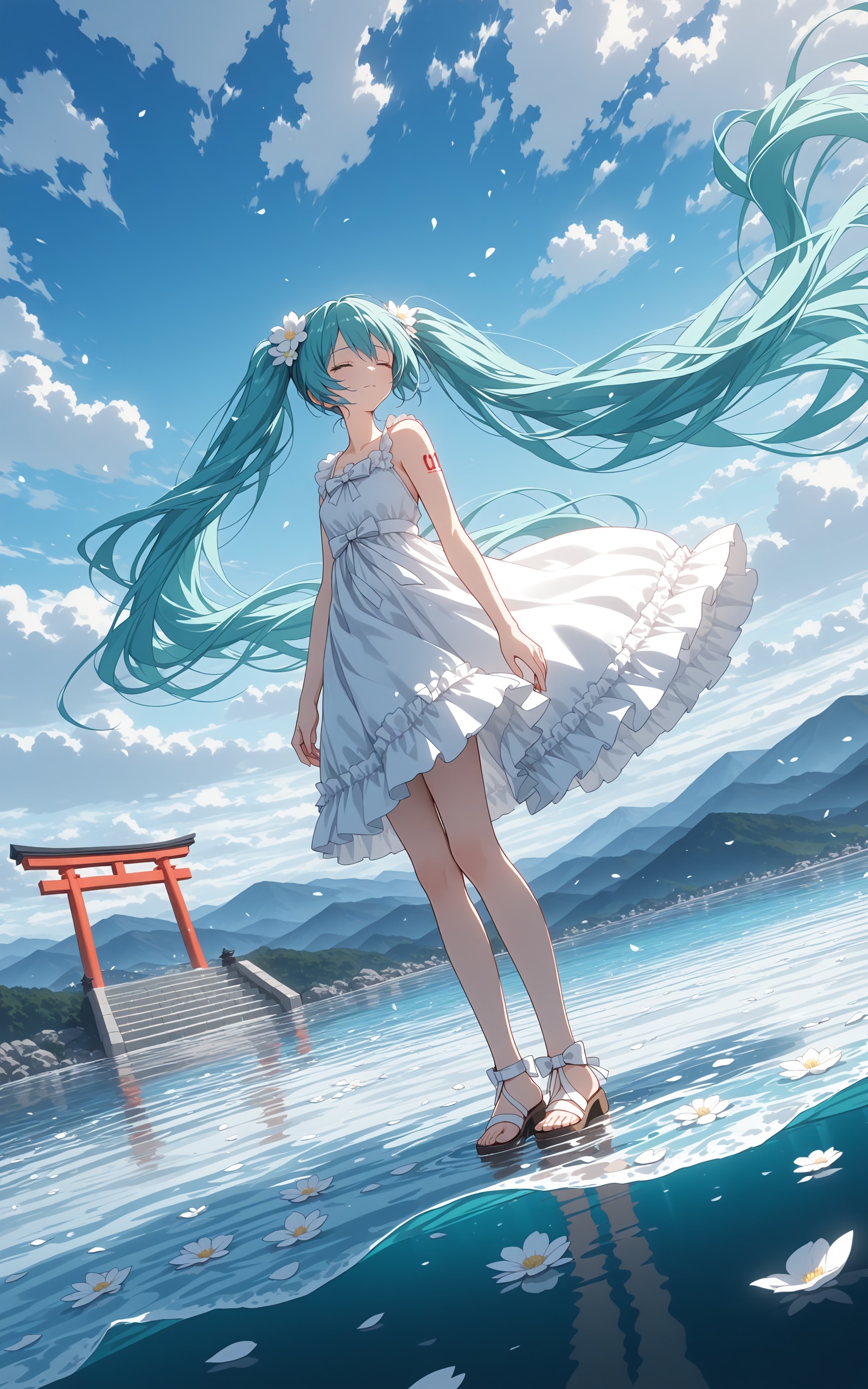 <lora:noobai_v-niji style-v2-000020:0.8>,niji style,enhance light and shadow,niji style,enhance light and shadow,1girl,torii,hatsune miku,long hair,solo,dress,very long hair,twintails,cloud,sky,white dress,outdoors,dutch angle,closed eyes,floating hair,day,hair ornament,frills,blue sky,petals,sleeveless,hair flower,wind,water,cloudy sky,mountainous horizon,frilled dress,white flower,aqua hair,blue hair,bow,white bow,standing,flower,sandals,sleeveless dress,tattoo,closed mouth,mountain,full body,bare shoulders,wading,stairs,ocean,bare arms,