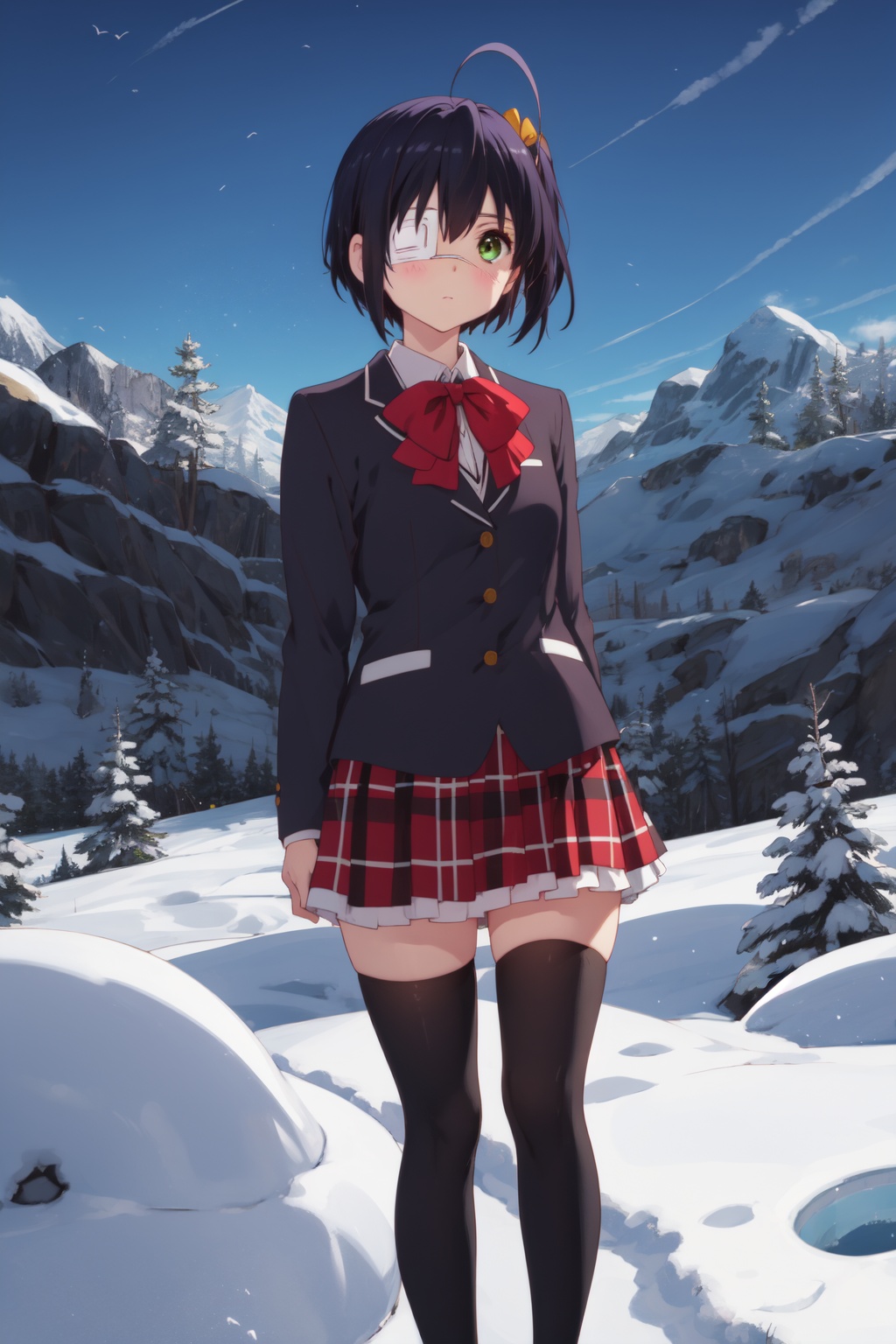 <lora:Rikka-000006:0.8>,Rikka CYQL,1girl,looking at viewer,solo,black hair,short hair,ahoge,ribbon,yellow ribbon,one side up,green eyes,eyepatch,medical eyepatch,red bow,school uniform,bowtie,shirt,skirt,thighhighs,plaid skirt,zettai ryouiki,plaid,shoes,blazer,black thighhighs,jacket,blush,teasing_smile,panorama,Pass, Snow, Alps, Mountains, Peaks, Cold, Adventure, Serenity,(Cherry blossoms, Pagoda, Koi pond, Cherry blossom festival, Japanese tranquility, Cherry blossom petals:0.5),beautiful detailed sky,beautiful detailed glow,posing in front of a colorful and dynamic background,masterpiece,best quality,beautiful and aesthetic,contrapposto,female focus,wallpaper,