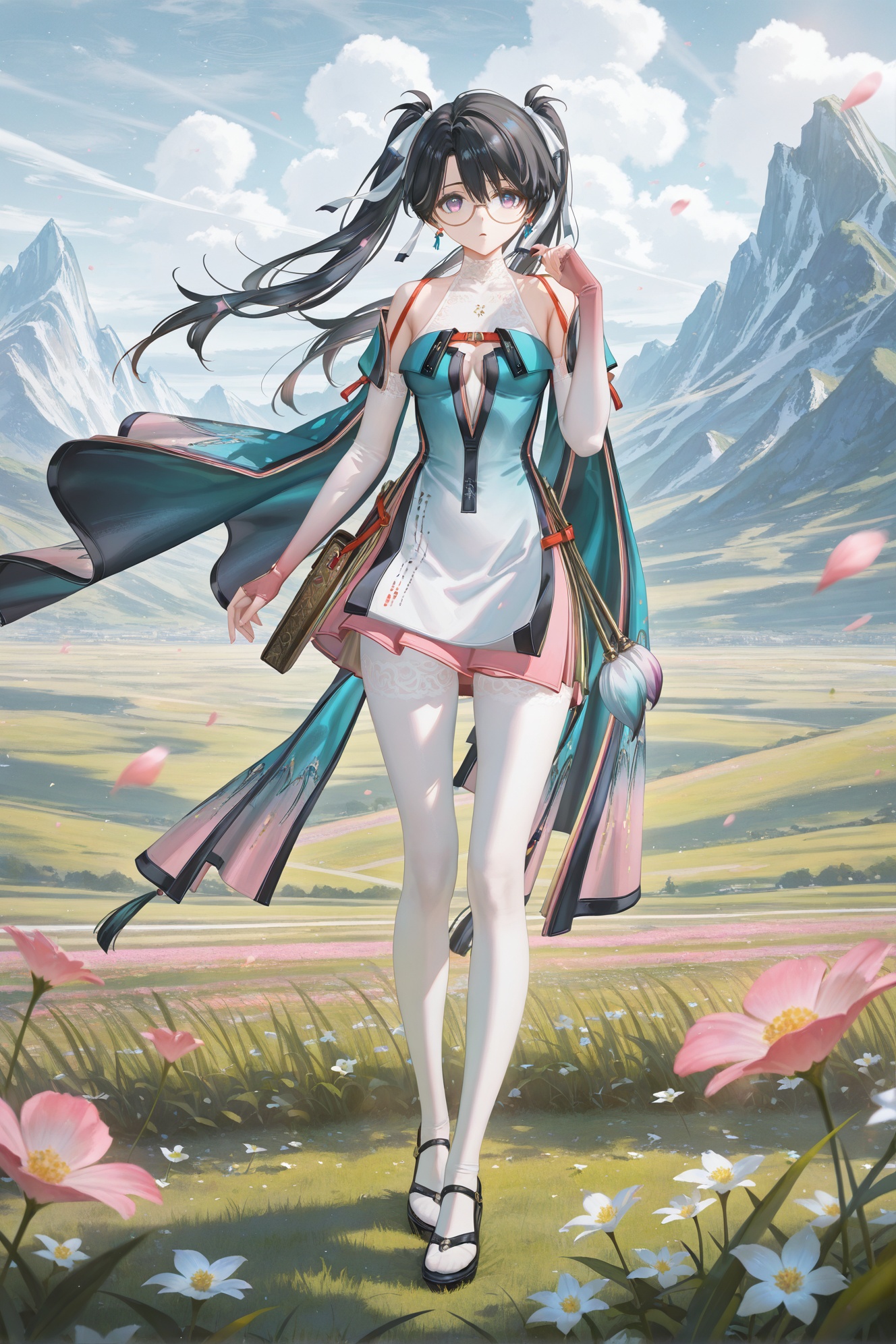 8k,best quality,masterpiece,(ultra-detailed),(high detailed skin),((artist:reoen), (artist:torino_aqua),year 2024:0.8)1girl,[artist:wlop],[artist:ningen_mame],artist:ciloranko,[[artist:rhasta]],artist:tidsean,artist:iumu,artist:nyarko,wind,solo,She leaned into the wind and stopping herself from blowing any further across the field,swept bangs,side hair flap,{{hair between eyes}},linear hatching,full body,open field,sandals,best quality,amazing quality,very aesthetic,absurdres,<lora:zhezhi-ill-Tanger:0.8>,zhezhi,default clothes,white pantyhose,1girl,long hair,black hair,glasses,twintails,dress,black footwear,