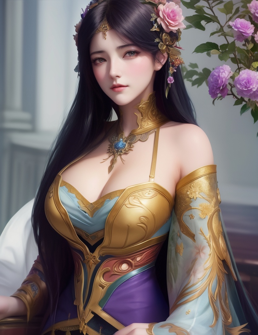 <lora:528-DA-万古狂帝-林柔:0.8>(,1girl, ,best quality, ),looking at viewer,,anime,(masterpiece, top quality, best quality, official art, beautiful and aesthetic:1.2), (1girl)        , , (cleavage),extreme detailed,(fractal art:1.3),colorful, flowers ,highest detailed,(by Jeremy Lipking)    (cleavage), (),
