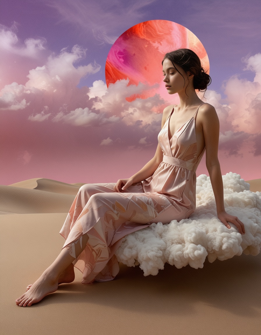 A highly stylized digitally drawn hyper-realistic abstract collage artwork,  featuring a woman with fair skin and dark hai...
