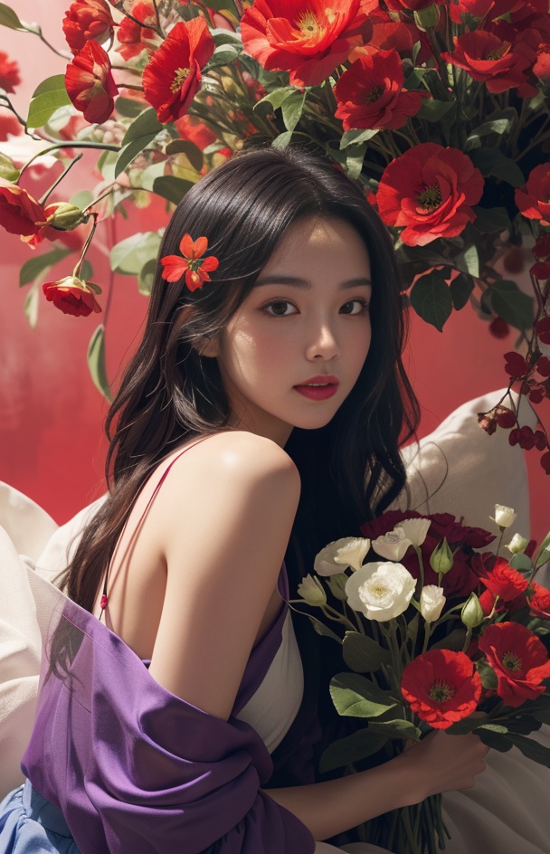 1girl, long hair, flower, Lisianthus, in the style of red and light azure, dreamy and romantic compositions, red, ethereal foliage, playful arrangements, fantasy, high contrast, ink strokes, explosions, over exposure, purple and red tone impression, abstract, whole body capture, , (\meng ze\), Light master