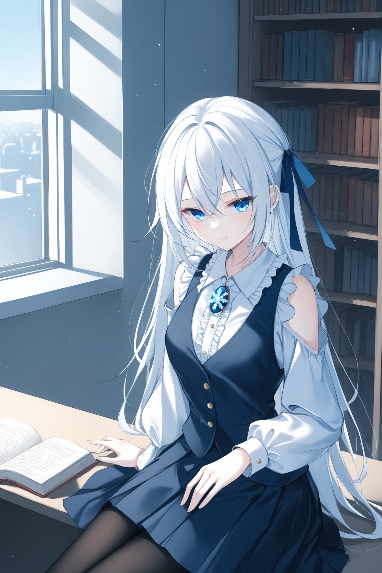 1girl, solo, blue eyes, white hair, (long hair), hair between eyes, medium breasts, white_shirt, frilled collar, pleated skirt, long sleeves, brooch, snowflake hair_ornament, waistcoat, black leggings, (open jacket), shoulder cutout, hair ribbon, sitting, looking at viewer, (jitome), half-closed eyes, [light_smile], depth of field, indoors, bookshelf, bookcase, counter, (french window), pendant lamp, open book, sunlight, light particles, masterpiece,bestquality,[Artist miwano rag],[Artist toosaka asagi],[Artist wlop],[Artist chen bin],[iumu], omochi_monaka