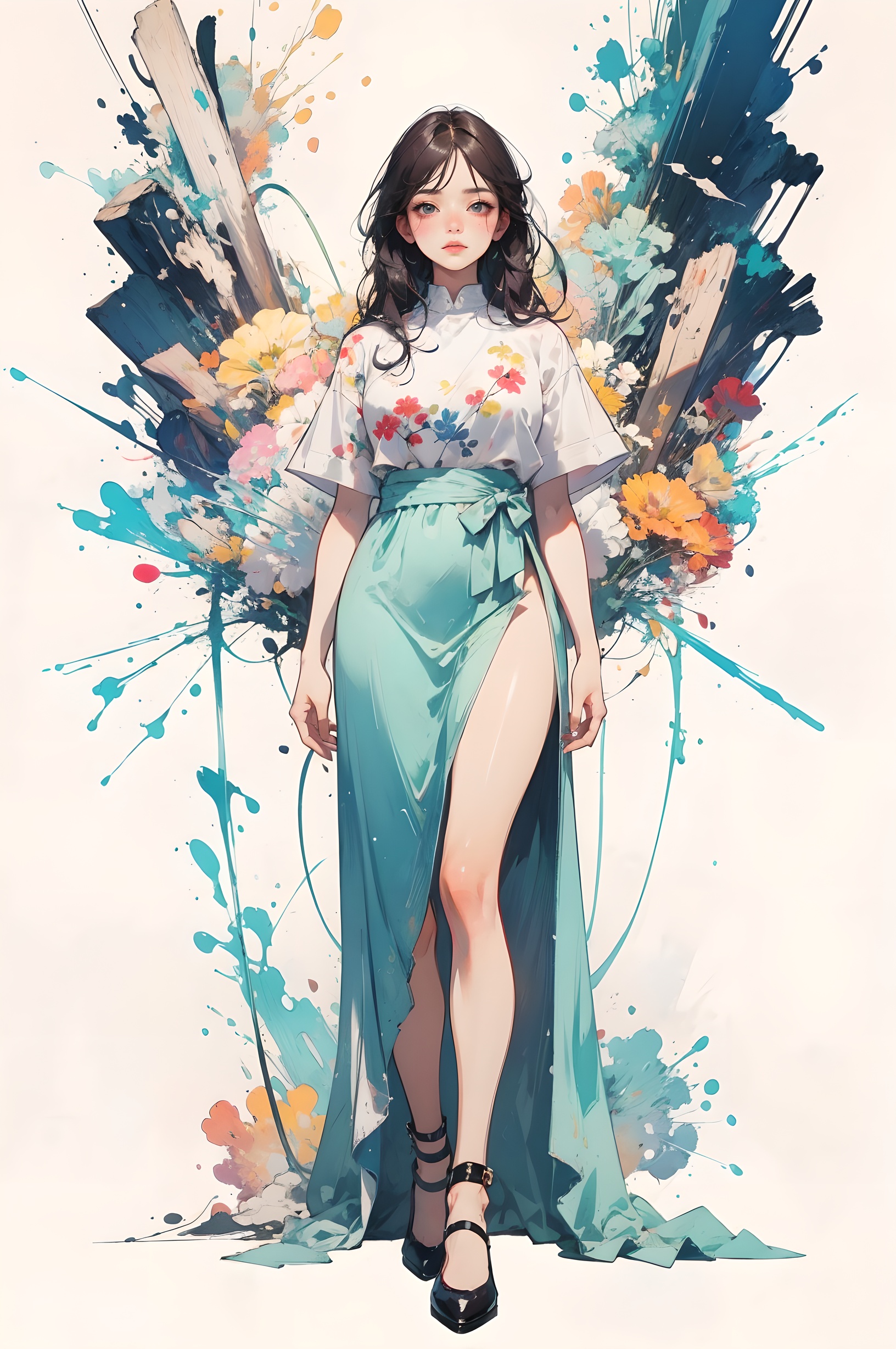 full body shot, 1 girl, solo exhibition, beautiful face, delicate eyes, (best quality), ((masterpiece)), (highres), illustration, original, extremely detailed, Random clothes,Random color clothes,