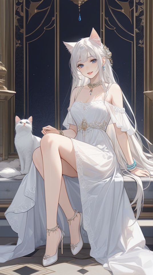 (best quality), ((masterpiece)), (highres), illustration, original, extremely detailed,<lora:古风·丝路恋语:0.7>licg,1girl, animal ears, long hair, white hair, dress, cat, smile, white dress, jewelry, solo, bracelet, sitting, bare legs