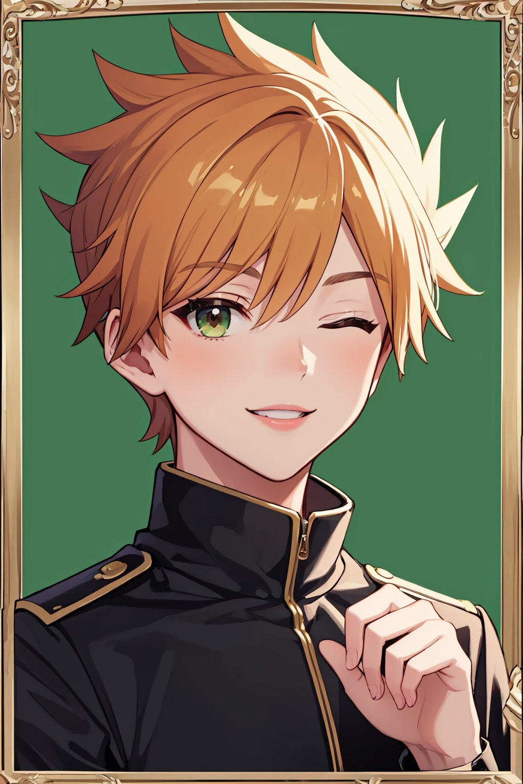 masterpiece,best quality, highly detailed, blue oak,1boy, male focus, one eye closed, solo, smile, green background, hand up, shirt, framed, border, v, parted lips, looking at viewer, portrait,<lora:blue_oak:1>