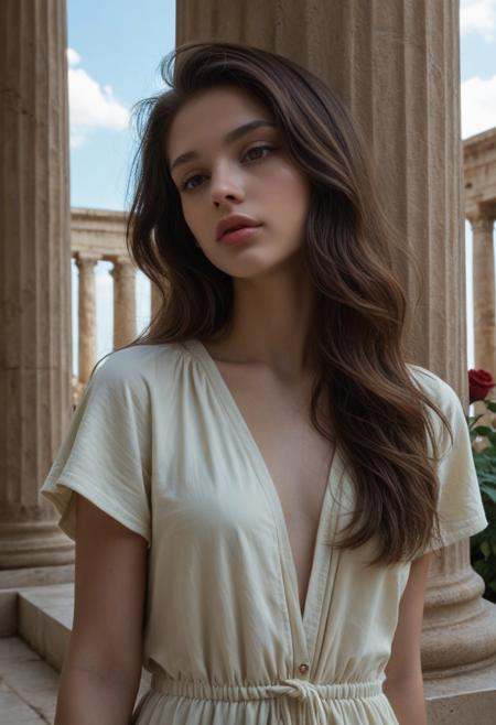 very aesthetic, score_9, score_8_up, score_7_up,masterpiece, very long hair, greek goddess white long dress with intricate gold details, (dark brown eyes:1.10), eyes focus, eye contact, (aesthetic photography:1.10), portrait, model, 1girl, solo, (pale skin:1.10), (young woman:1.10), petite, asymmetrical hair, perfect eyes, full lips, slim, wearing (white fingernails:1.05), standing, Greek environment with Greek columns, outdoors, sky, (beautiful day:1.10), roses
