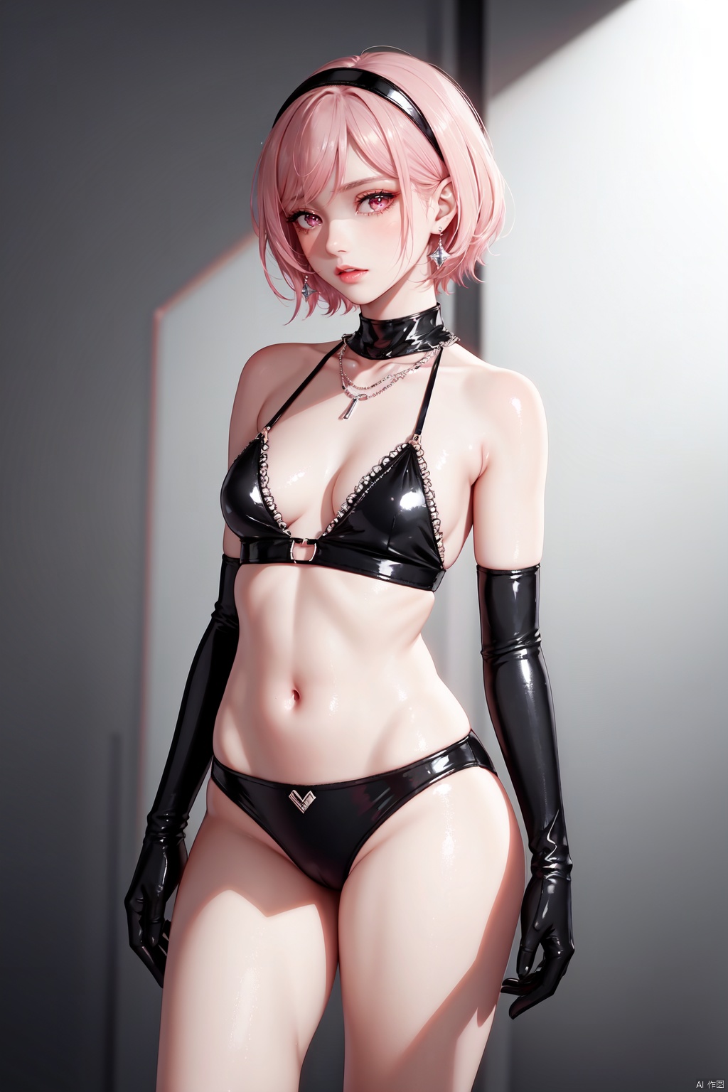 Realistic style, cinematic work, 8K wallpaper, masterpiece, very realistic quality, best quality, masterpiece, high-level, high-resolution,,,Edge lighting, dual tone lighting, soft lighting, The illuminated surface of the material has bright spots and highlights, which flicker and have a mirror effect when reflected, There are sparkling spots on the armor,,,1 girl, mature female, solo, full body, looking at viewer, lace, strong rim light, Standard proportion of female body, golden proportion of female body,,,Standing, standing posture, Sexy full body standing posture,,,,(U557, 1girl, pink hair, short hair, yellow eyes, hairband, pink eyes,swimsuit, small breasts, navel, black gloves, breasts, elbow gloves, gloves, shorts, socks,:1.2),,bare shoulders, off shoulder, black hairband, bikini bottom only, short dress, swimsuit, pleated dress, bikini, floating hair, blush, ass visible through thighs, skirt,White high-heeled shoes,:1.2),,,colorful,(detailed skin: 1.3), (detailed face: 1.3),clear focus,delicate,(mature women: 1.2),(glossy skin+glossy skin: 1.4),(sweating: 1.1),(big_eyes),red_ eyeshadow,long_ Eyelashes, red lips,,,simple background, grey background,,,(Diamond hair accessories, diamond necklaces, diamond earrings, diamond earrings, clothes embedded with diamonds, armor embedded with diamonds,:1.3),, hufeng, duosaitejun, devil, hanfu, z28, z26, z25, Z20, Z19, U557<lora:EMS-328440-EMS:0.200000>