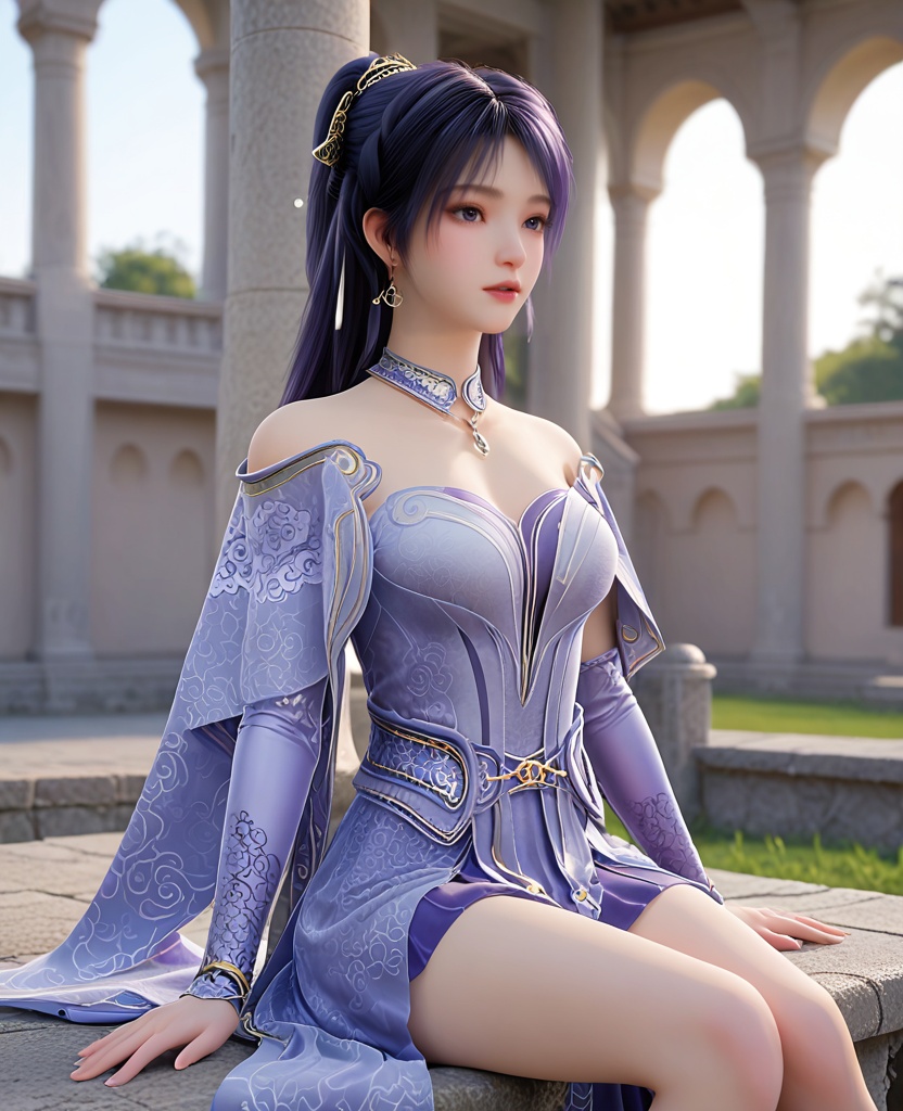 (oriental architecture, elegant decor, sophisticated style:1.1),(Sitting with poise, shoulders back and head held high, she exudes authority and grace, a true vision of royalty:1.1),(breasts:1.2),<lora:XL遮天姬紫月2:0.95>,miss jiziyue,blue dress,shawl sleeves,purple hair,jewelry,bare shoulders,elbow gloves,sash,blue eyes,hair ornament,tassels,ponytail,inner skirt,, score_9,score_8_up,score_7_up,score_6_up,score_5_up,score_4_up,3d rendering,tag1,tag2, Cinematic Lighting,backlighting,