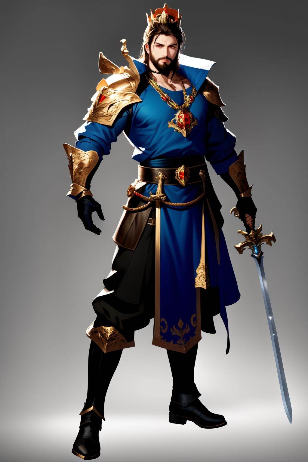 <lora:20250501_AgainGameCharacterLora:1>, 1boy, weapon, solo, male focus, sword, armor, holding, crown, facial hair, red eyes, holding weapon, full body, necklace, holding sword, jewelry, long hair, beard, shoulder armor, looking at viewer, standing, boots, gauntlets, pauldrons, brown hair, muscular, gem, red gemstone, abs, vambraces, simple background, grey background, pants, pectorals, closed mouth, gloves, pendant, gradient background, black footwear, glowing, muscular male, greaves, black hair