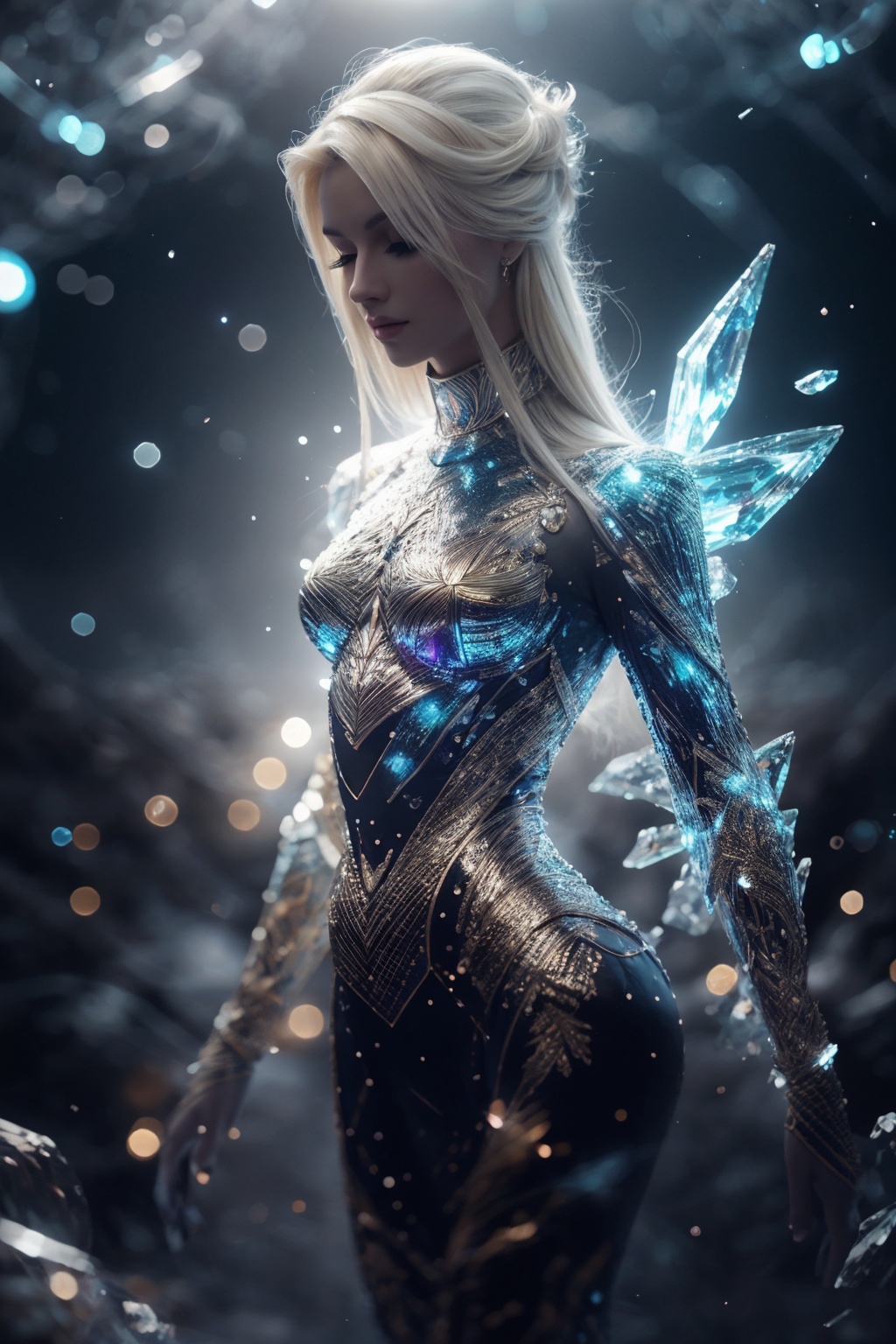 masterpiece,best quality,ultra high res,tashan,<lora:踏山幻想:1>,Icy Blonde theme,depth of field,background light,universe,sparkle,light particles,humanoid organisms,vista-tan,