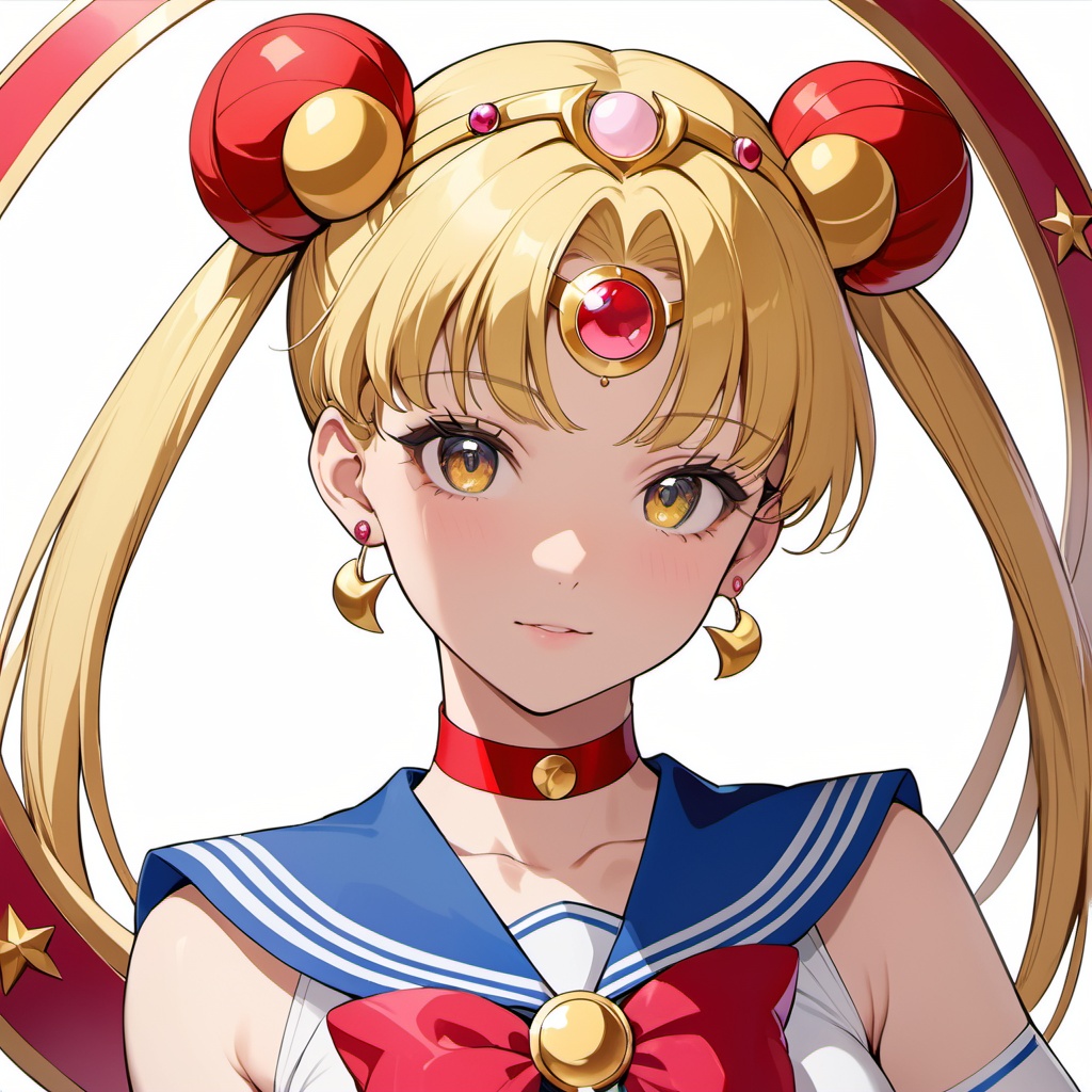 masterpiece,best quality,highly detailed,yellow hair,sailor moon,1girl,solo,twintails,sailor senshi uniform,upper body,crescent earrings,blue sailor collar,red choker,circlet,double bun,elbow gloves,white gloves,magical girl,looking at viewer,simple background,white background,