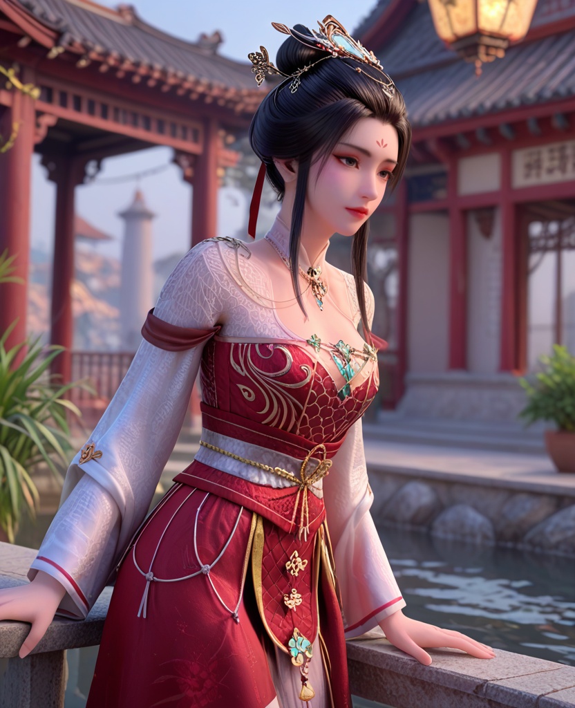 (oriental architecture, elegant decor, sophisticated style:1.1),(soaked:1.1),(breasts:1.2),<lora:XL暗河传医者白鹤淮:0.8>,miss baihehuai,chinese clothes,detached collar,red corset,red overskirt,hair bun,black hair,hair ornament,hanging hair,forehead mark,black eyes,shoulder mesh,jewelry,floral print,, score_9,score_8_up,score_7_up,score_6_up,score_5_up,score_4_up,3d rendering,tag1,tag2, Cinematic Lighting,backlighting,