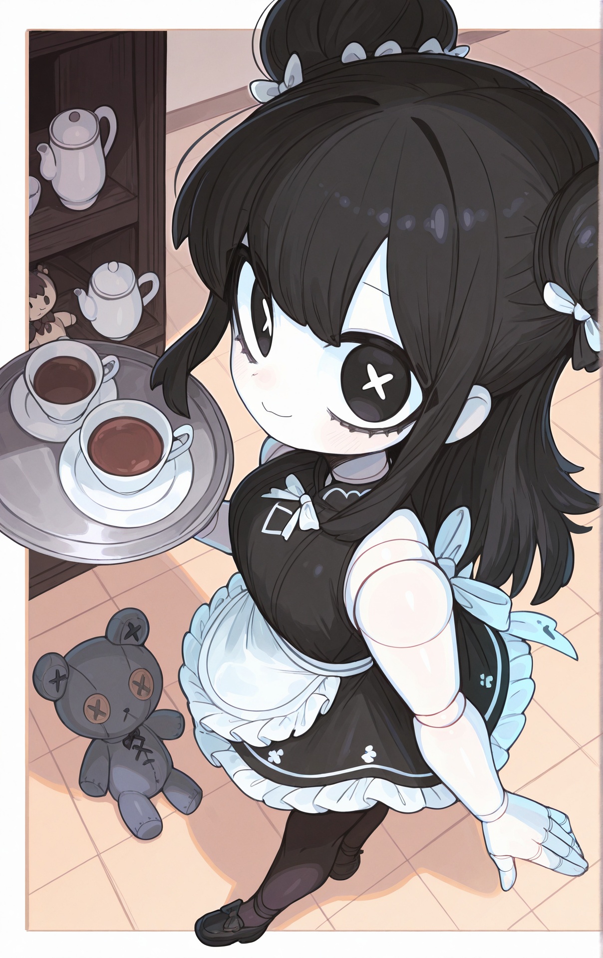 artist:ketopon, 1girl, apron, black dress, black eyes, black hair, black pantyhose, black shoes, cup, doll joints, double bun, dress, from above, hair bun, joints, long hair, looking at viewer, looking up, pale skin, pantyhose, shoes, sleeveless, sleeveless dress, smile, solo, stuffed animal, stuffed toy, teacup, tray, waist apron, white apron,masterpiece,best quality,good quality,newest,year 2024,year 2023,very aesthetic,absurdres,Visual impact,A shot with tension,ultra-high resolution,32K UHD,sharp focus,best-quality,masterpiece,<lora:ketopon_v0.1_Illustrious-000034:1>,