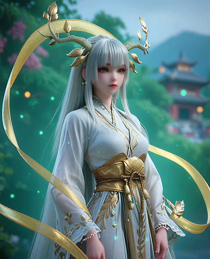 (oriental architecture, elegant decor, sophisticated style:1.1),Standing with one hand on the chest, looking proud,(breasts:1.2),<lora:XL完美世界虚天神藤:0.9>,miss xutianshenteng,solo,white kimono,green eyes,leafy branches hair ornament,bangs,white hair,long hair,red lips,sash,obi,see-through wide sleeves,clothing patterns,light particles,hagoromo,beads bracelet,tassel,outer skirt,, zPDXL2, score_9, score_8_up, score_7_up BREAK realistic, masterpiece,best quality, highly detailed,, zPDXL3, zPDXL2,zPDXL, zPDXLxxx, zPDXLrl,