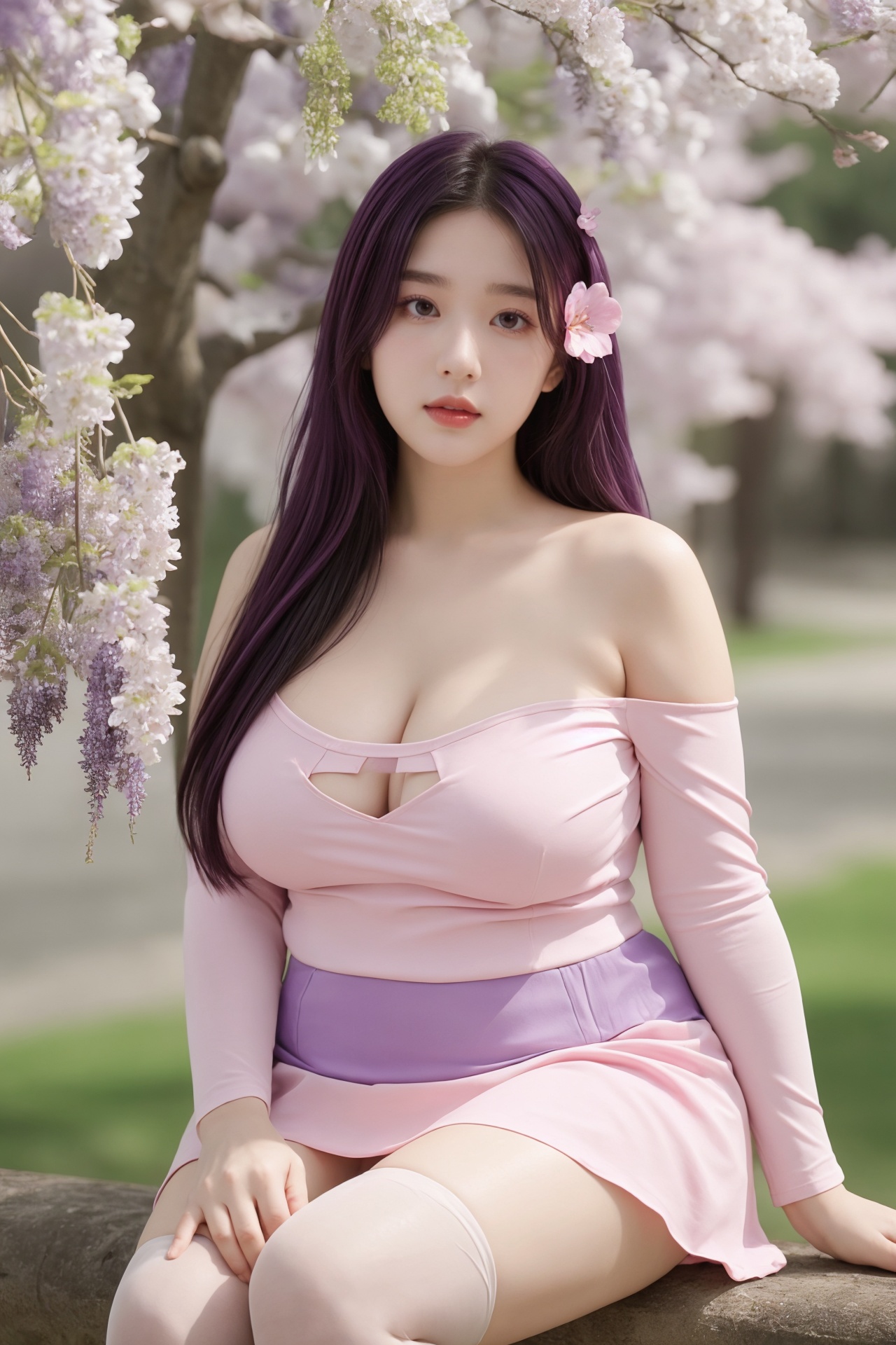 1girl, artist name, bare shoulders, branch, breasts, cherry blossoms, cleavage, cleavage cutout, clothing cutout, detached sleeves, dress, flower, hair flower, hair ornament, hanami, large breasts, lips, long hair, looking at viewer, outdoors, petals, pink flower, purple eyes, purple hair, realistic, signature, sitting, solo, spring \(season\), thighhighs, tree, water, white dress, wisteria,(fat girl:1.6)<lora:肉嘟嘟:0.8>