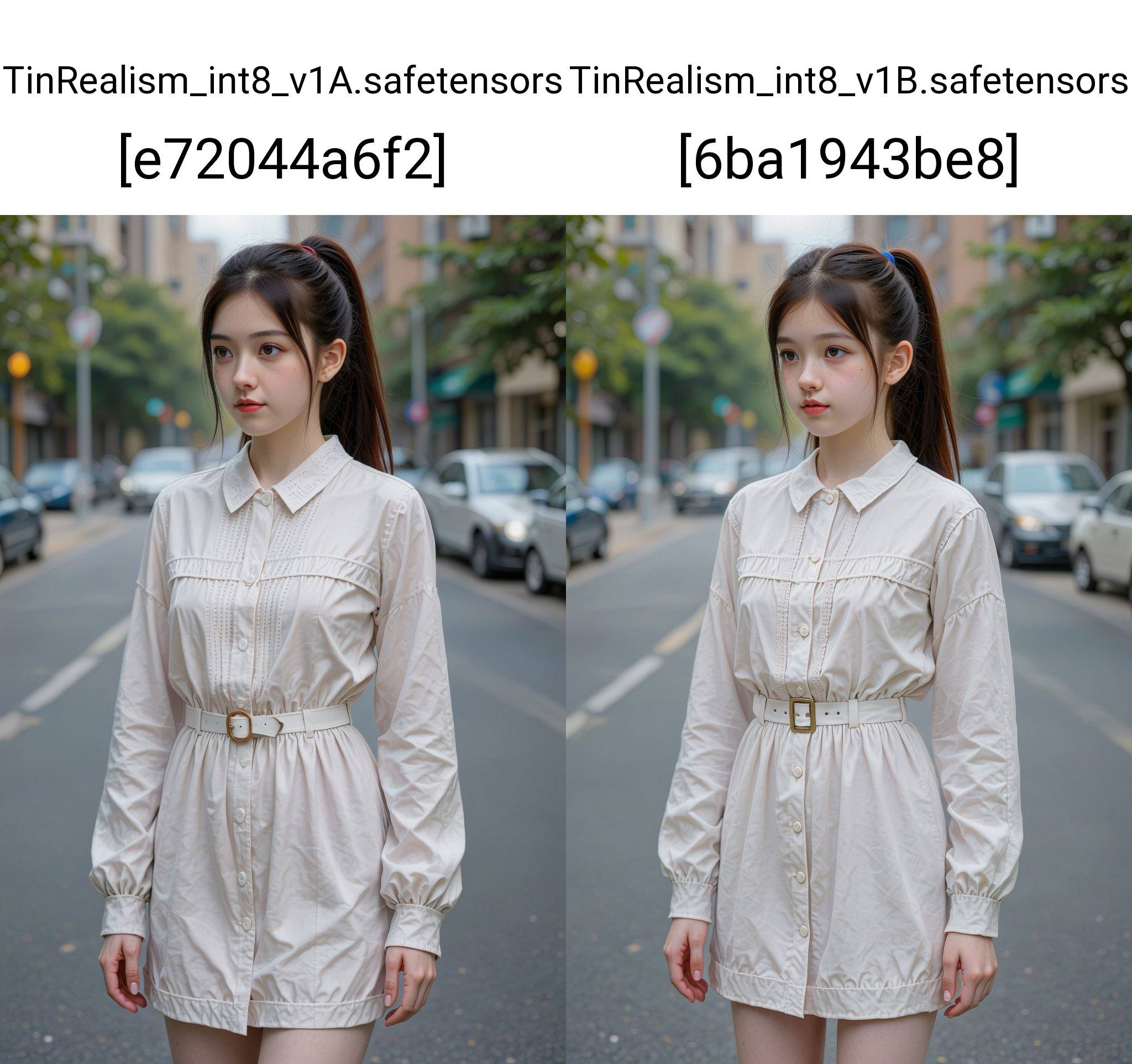 A photograph of a young Asian woman with fair skin,  long black hair tied in a high ponytail,  standing on a city street....