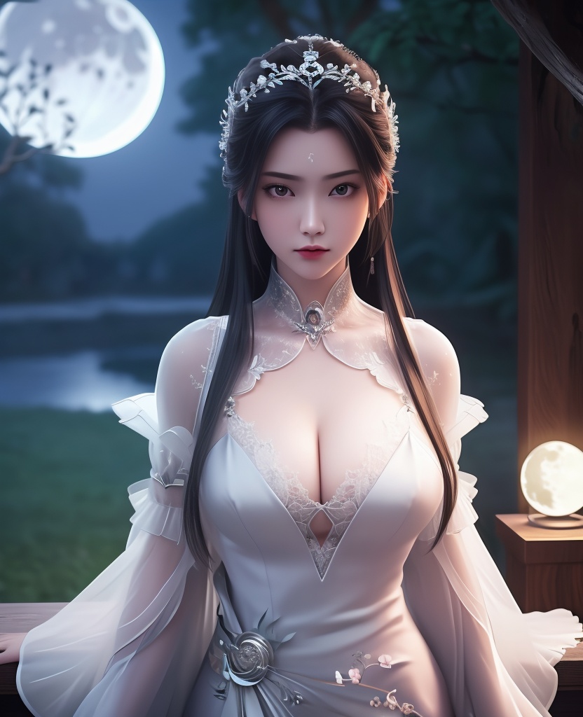 <lora:706-DA-诛仙-陆雪琪-新装束:0.8>(,1girl, ,best quality, ),looking at viewer,  ,ultra detailed background,ultra detailed background,ultra realistic 8k cg, ,masterpiece, (( , )),, ,fiction,mole,,      ,(cleavage), (),  ,see-through, lace, (((, solo, moon, , bare_tree, )))(cleavage),