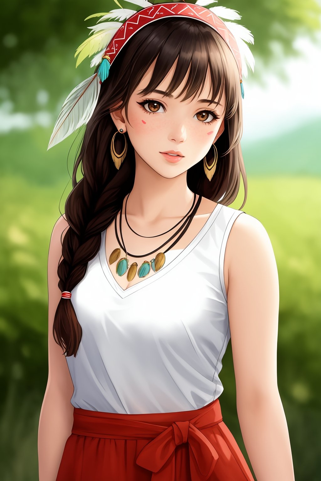 1girl, solo, long hair, looking at viewer, brown hair, shirt, black hair, hair ornament, brown eyes, jewelry, white shirt, upper body, braid, earrings, outdoors, sleeveless, necklace, blurry, lips, blurry background, headband, facial mark, feathers, realistic, headdress, feather hair ornament, native american,