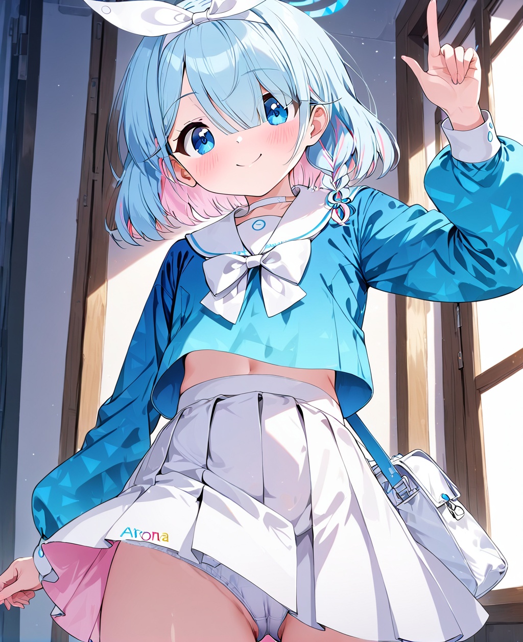 arona (blue archive),1girl, arona (blue archive), solo, underwear, panties, halo, smile, blue eyes, blue hair, white hairband, blue shirt, multicolored hair, skirt, hand in pocket, white panties, bag, cameltoe, white skirt, closed mouth, bow, long sleeves, bangs, looking at viewer, pink hair, indoors, hairband, white bow, white choker, hair over one eye, blush, puffy long sleeves, shirt, pleated skirt, short hair, choker, shoulder bag, two-tone hair, loli, puffy sleeves, school uniform, bow hairband, window, colored inner hair, hand up, bowtie, braid, white ribbon, standing, ribbon, index finger raised