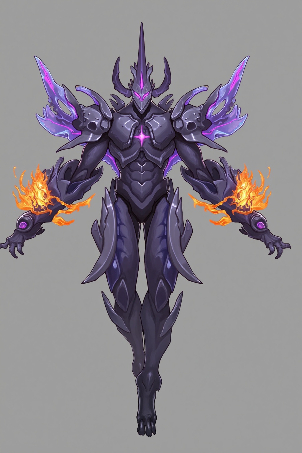 hezi,elemental spirit,character design,full body,white background,game character,monster design,grey background,horns,Flame Arm,glowing,solo,wings,open hands,claws,Light texture,water texture,fire texture,wind texture,armor,single horn,robot,purple eyes,no humans,