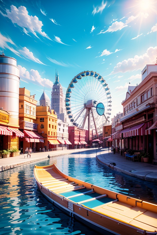 amazing, \(best quality:1.2\), Best quality, still life , 3d scene, outdoors, sky, day, cloud, water, blue sky, no humans, building, scenery, ferris wheel