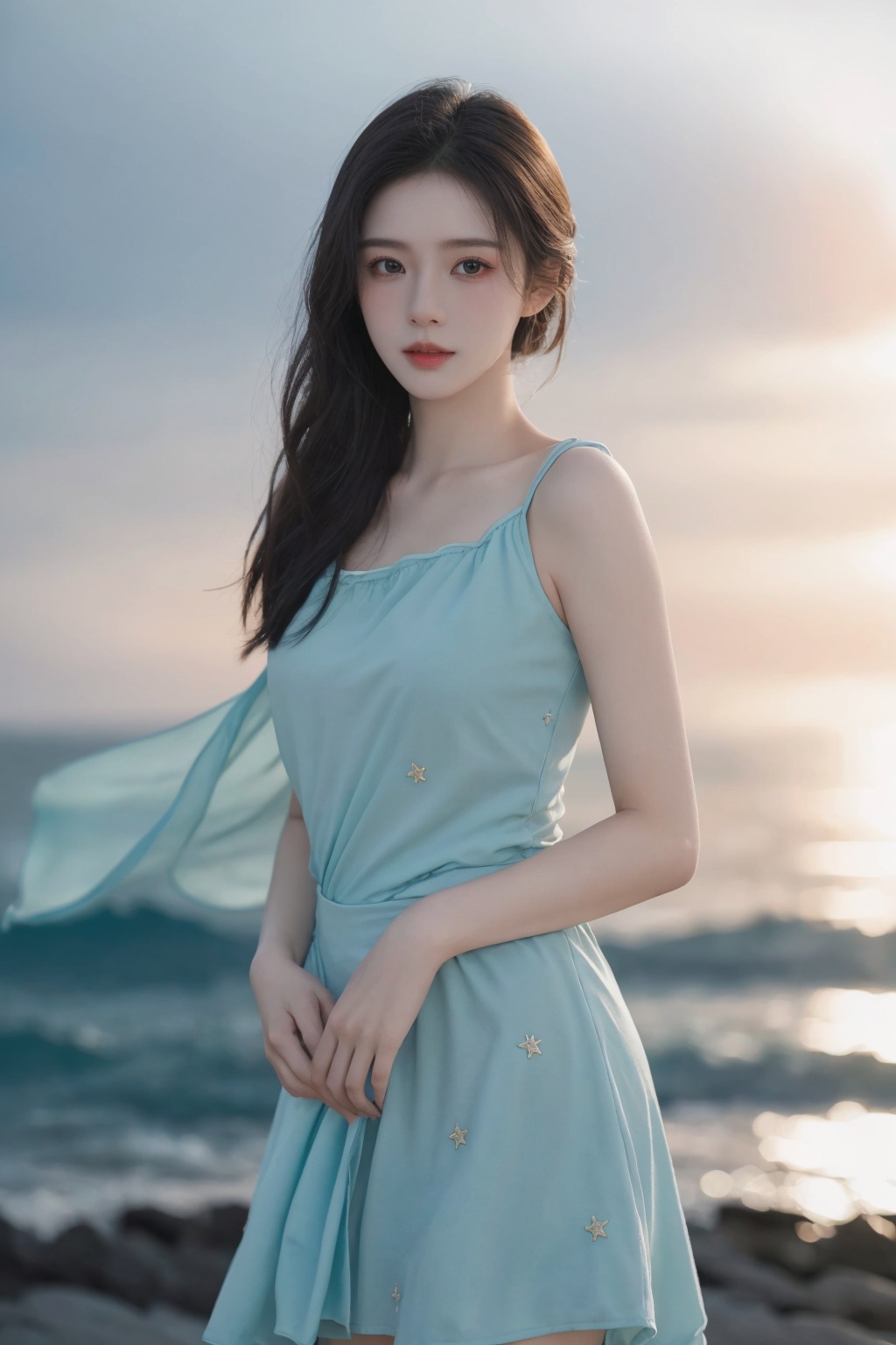 best quality,HDR,UHD,8K,Vivid Colors,solo,medium-shot,(1girl:1.5),(standing:1.3),from front,soft light,(looking at viewer:1.6),Elegant,detailed gorgeous face,<lora:add_detail:0.5>,(sea background:1.1),cowboy shot,, rc,starry sky print,  <lora:美女1.0:1>