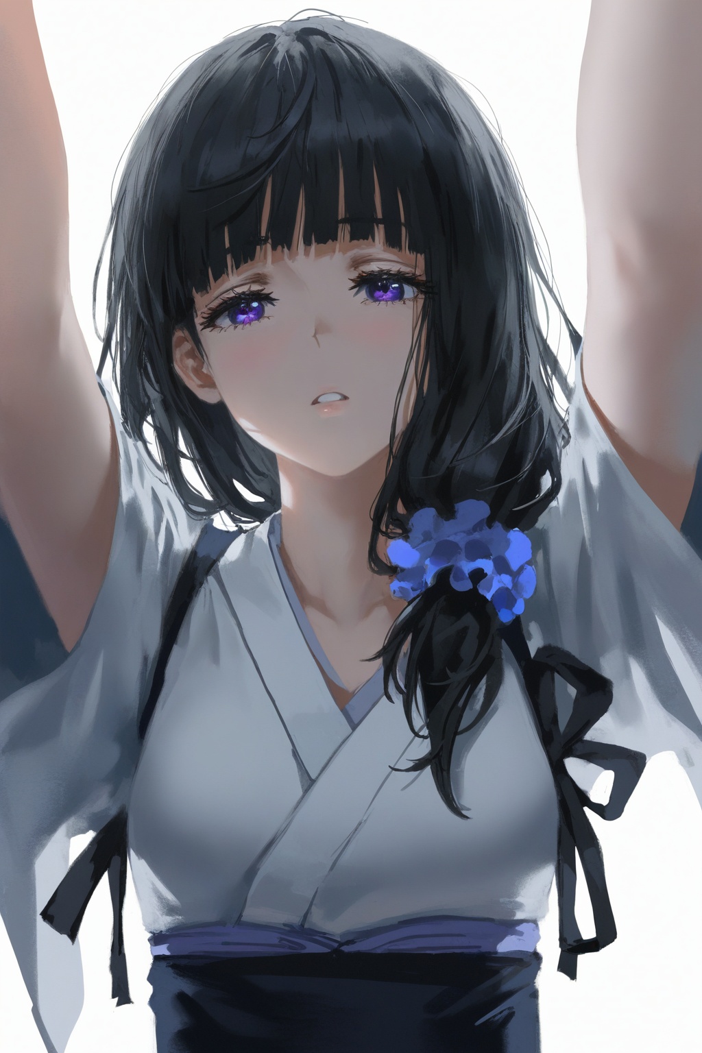 masterpiece,best quality,amazing quality,very aesthetic,absurdres,best quality,newest,(artist:quasarcake:0.8),extreme aesthetic,(wlop:0.9),masterpiece,best quality,good quality,newest,very aesthetic,absurdres,A shot with tension,Visual impact,giving the poster a dynamic and visually striking appearance,offcial art,splash of color,movie perspective,Riri Tenkūbashi,1girl,solo,black hair,long hair,purple eyes,chitanda eru,scrunchie,japanese clothes,backlighting,white background,<lora:journey-000004:0.8>,