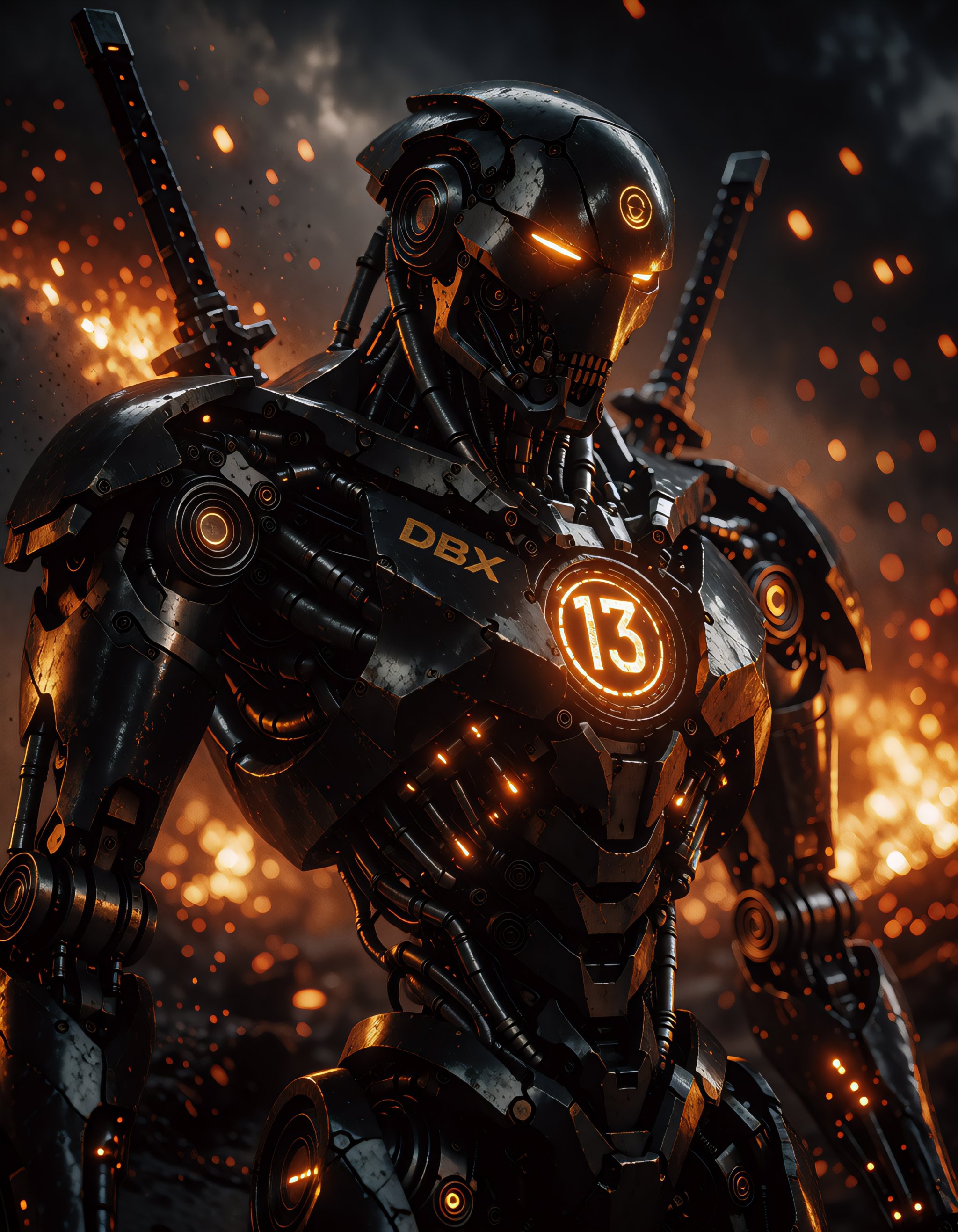 hhighly detailed cinematic photorealistic sleek black robotic warrior shown from the waist up in a three-quarter view the...