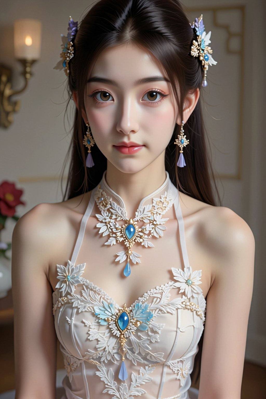 Photograph of an Asian woman with fair skin,  wearing a white lace halter dress and intricate jewelry,  standing indoors....