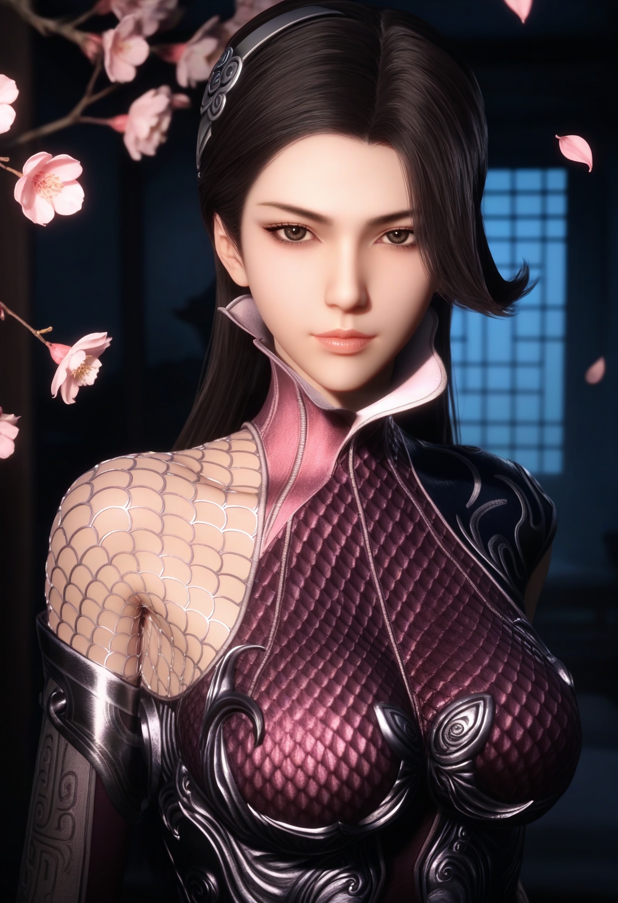 masterpiece,best quality,amazing quality,very aesthetic,high resolution,ultra-detailed,absurdres,scenery,photorealistic,(looking at viewer:1.1),upper body,(Dark room:1.3),(moody lighting:1.1),peach blossom,falling petals,(large breasts:0.8),tianyan,1girl,solo,long hair,black hair,armor,brown eyes,brown hair,hair ornament,bodysuit,fishnets,fishnet pantyhose,dress,gloves,black eyes,high collar,hairband,elbow gloves,high heels BREAK photorealistic details,<lora:QQSilltianyanV1:0.8>,