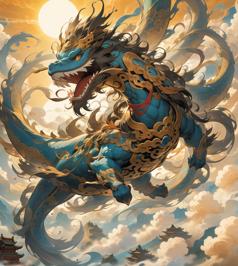 Thick color style, ancient Chinese mythology style, a huge whale with armor on its body, the ancient god beast Kun Peng, flying in the clouds, surrounded by clouds and sun