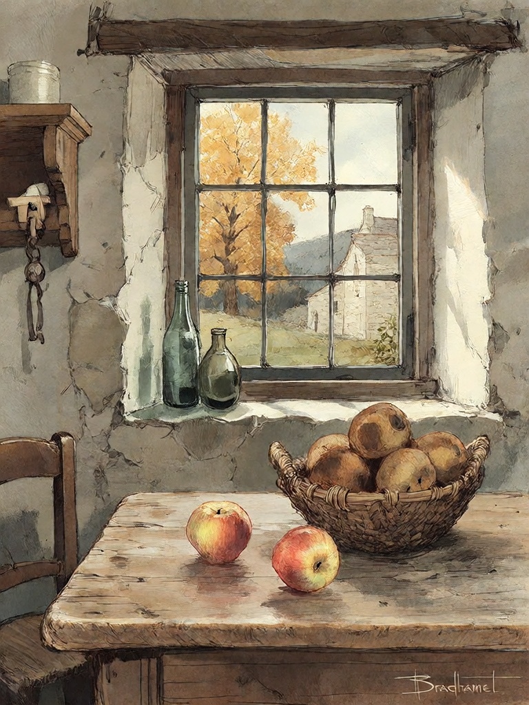 Bradhamel art style.A rustic interior scene painted in warm,  earthy tones with visible brushstrokes,  featuring a weather...