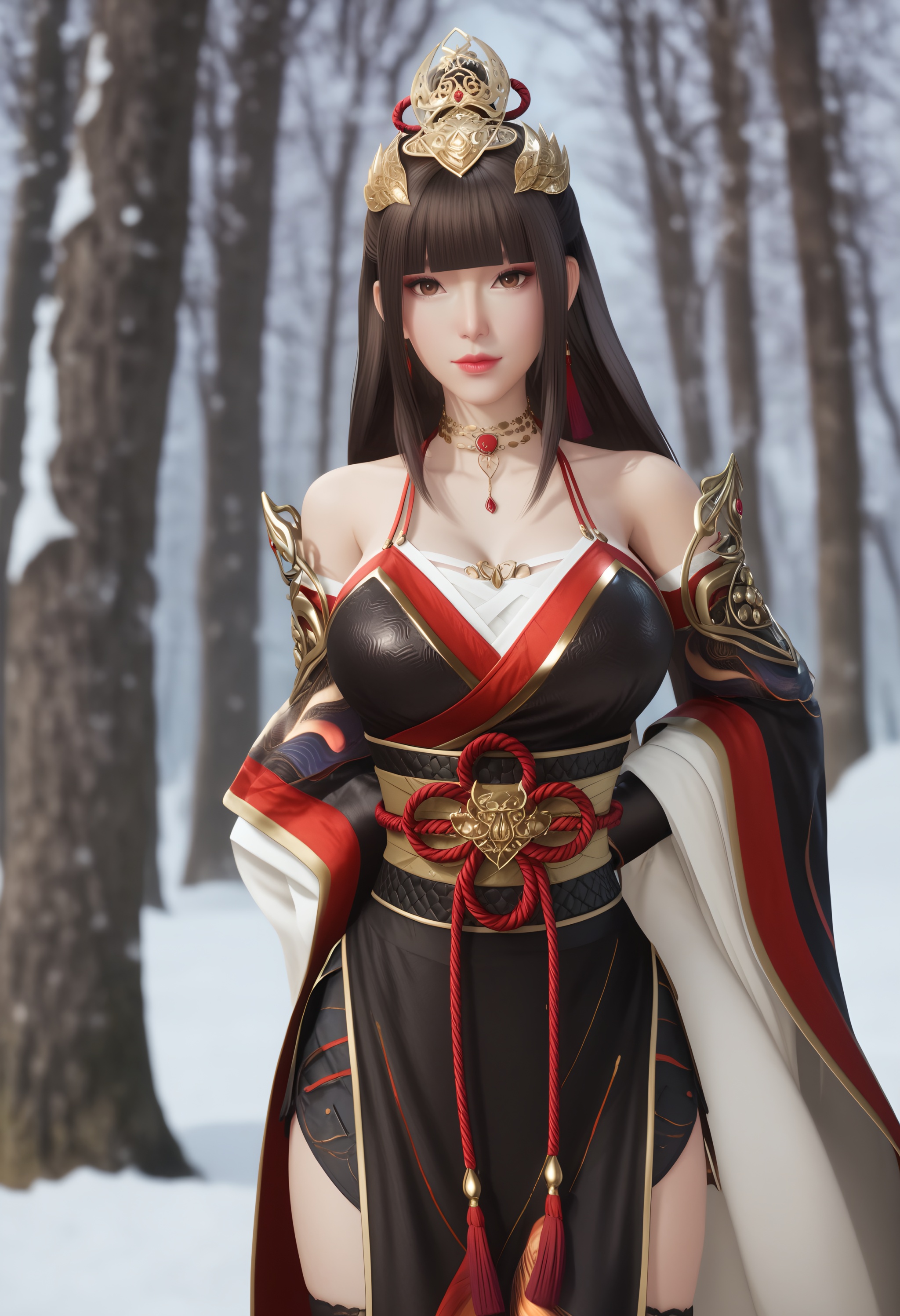 (score_9),realistic,looking at viewer,front view,<lora:幽亦寒-apony:0.82>,youyihan,1girl,solo,long hair,dark brown hair,blunt bangs,hair ornament,tassel earrings,brown eyes,bare shoulders,shoulder armor,red gem,japanese clothes,necklace,detached sleeves,wide sleeves,obi,waist belt,cowboy shot,side slit,thighhighs,(black thighhighs),see-through thighhighs,(glamor:1.2),(mature_female),collarbone,(arms behind back),BREAKgame cg,in winter,snow,ice,4K ultra HD,high detail,high contrast,depth of field,