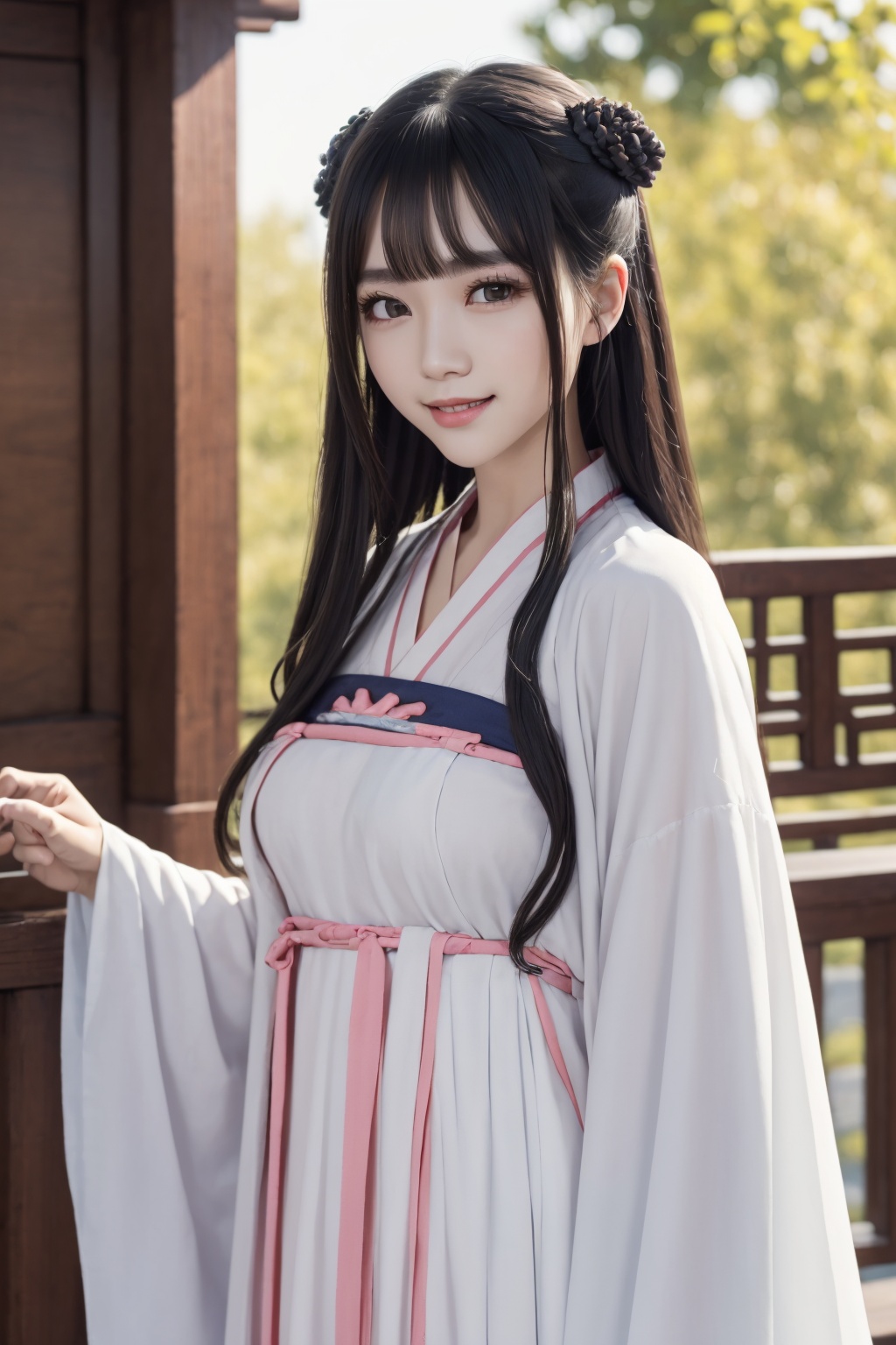 facing viewer,pov,masterpiece,best quality,highly detailed,Amazing,finely detail,extremely detailed CG unity 8k wallpaper,score:>=60,gufenghanfu,1girl,looking at viewer,white dress,hanfu,long sleeves,wide sleeves,standing,<lora:lihua1-000006:0.7>,upper body,large breasts,smile,