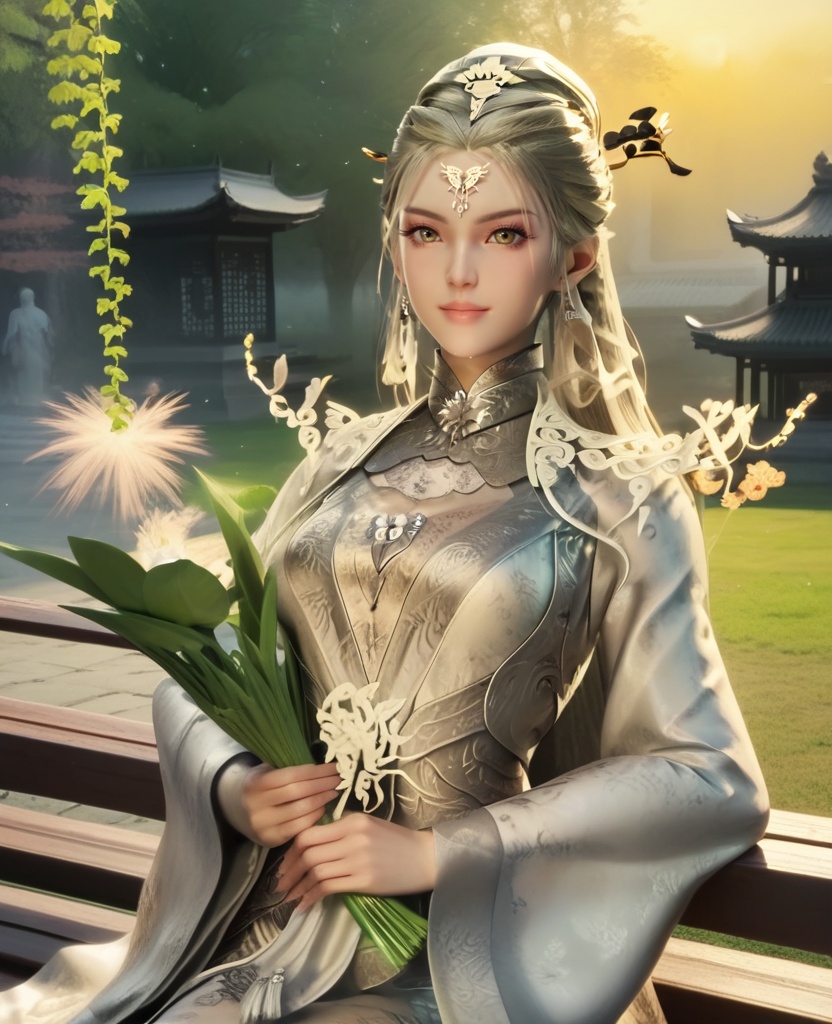 (oriental architecture, elegant decor, sophisticated style:1.1),(Sitting on a park bench, holding a bouquet of flowers, with a smile of joy and gratitude,:1.1),(breasts:1.2),<lora:XL16牧神记神女关白骨神女:1.05>,miss shennv,solo,white gown with floral print,forehead jewelry,white hair,very long hair,traditional chinese updo with long cascading hair,hair ornament,wide flowing sleeves,sash,, score_9,score_8_up,score_7_up,score_6_up,score_5_up,score_4_up,3d rendering,tag1,tag2, Cinematic Lighting,backlighting,