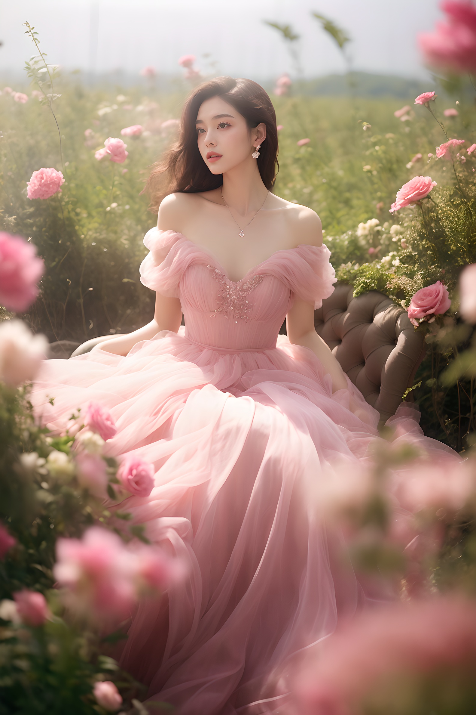 1girl, dress, flower, solo, brown hair, pink dress, sitting, rose, plant, long hair, blurry, bare shoulders, pink flower, jewelry, pink rose, necklace, depth of field, off-shoulder dress, parted lips, off shoulder, breasts, looking at viewer, collarbone, lips, vines, strapless, princess, strapless dress, blurry foreground, full body, earrings , <lora:wlqc_20230821082603:0.7>