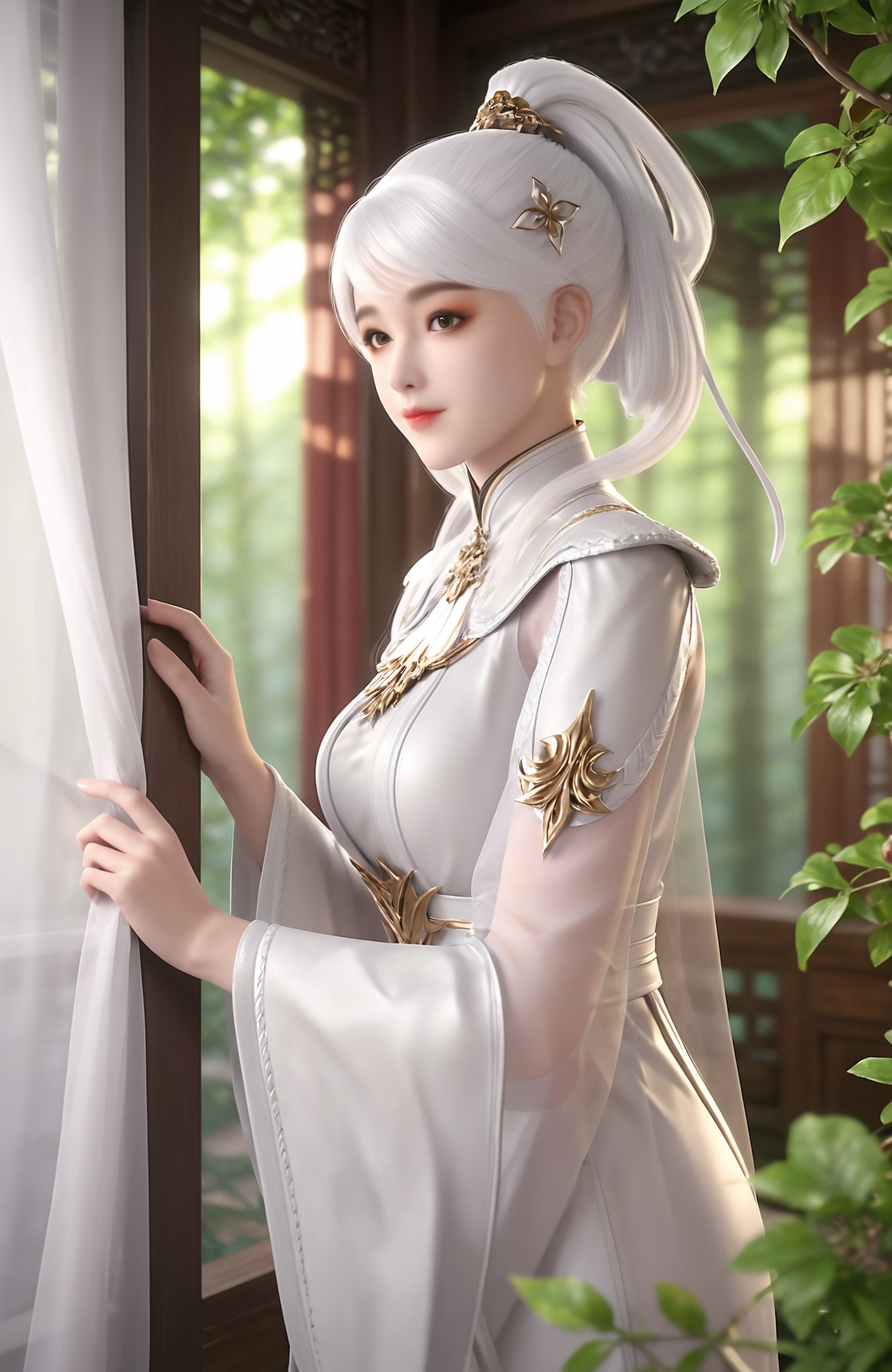 <lora:妖神记-明月无双Pony:0.7> 1girl, white hair, hair ornament, long hair,brown eyes, , ponytail, white dress, long sleeves, see-through, wide sleeves, makeup, barefoot1girl, solo,  closed mouth, jewelry, upper body,  leaf,  curtains,  realistic