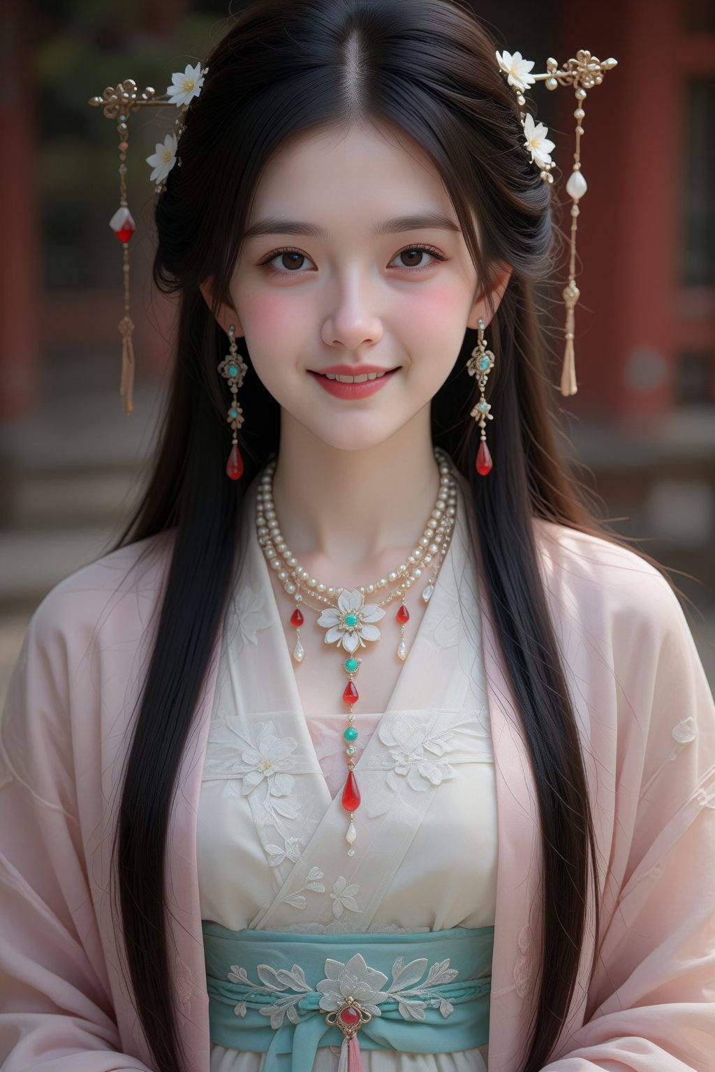This is a beautiful,  high-resolution portrait of a young woman with an elegant,  traditional aesthetic.**Subject and Expr...