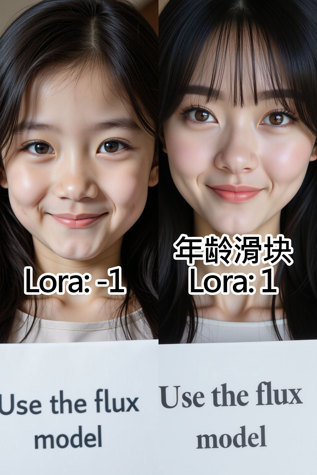 <lora:20251203_TinFlux1AgeSliderLora:-1>, instagram photo, closeup face photo of young girl, brown eyes, pale skin, smirk, black long straight hair, boatneck dress, holding a sign with text "Use the flux model",