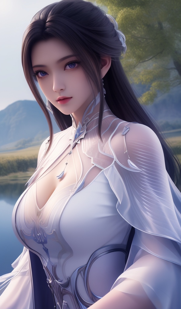<lora:611-DA-诛仙-陆雪琪-V3:0.8>(,1girl, ,best quality, ),looking at viewer,  ,ultra detailed 8k cg, ultra detailed background,  ,masterpiece, (( , )) , lake,upper body,   (cleavage), (),