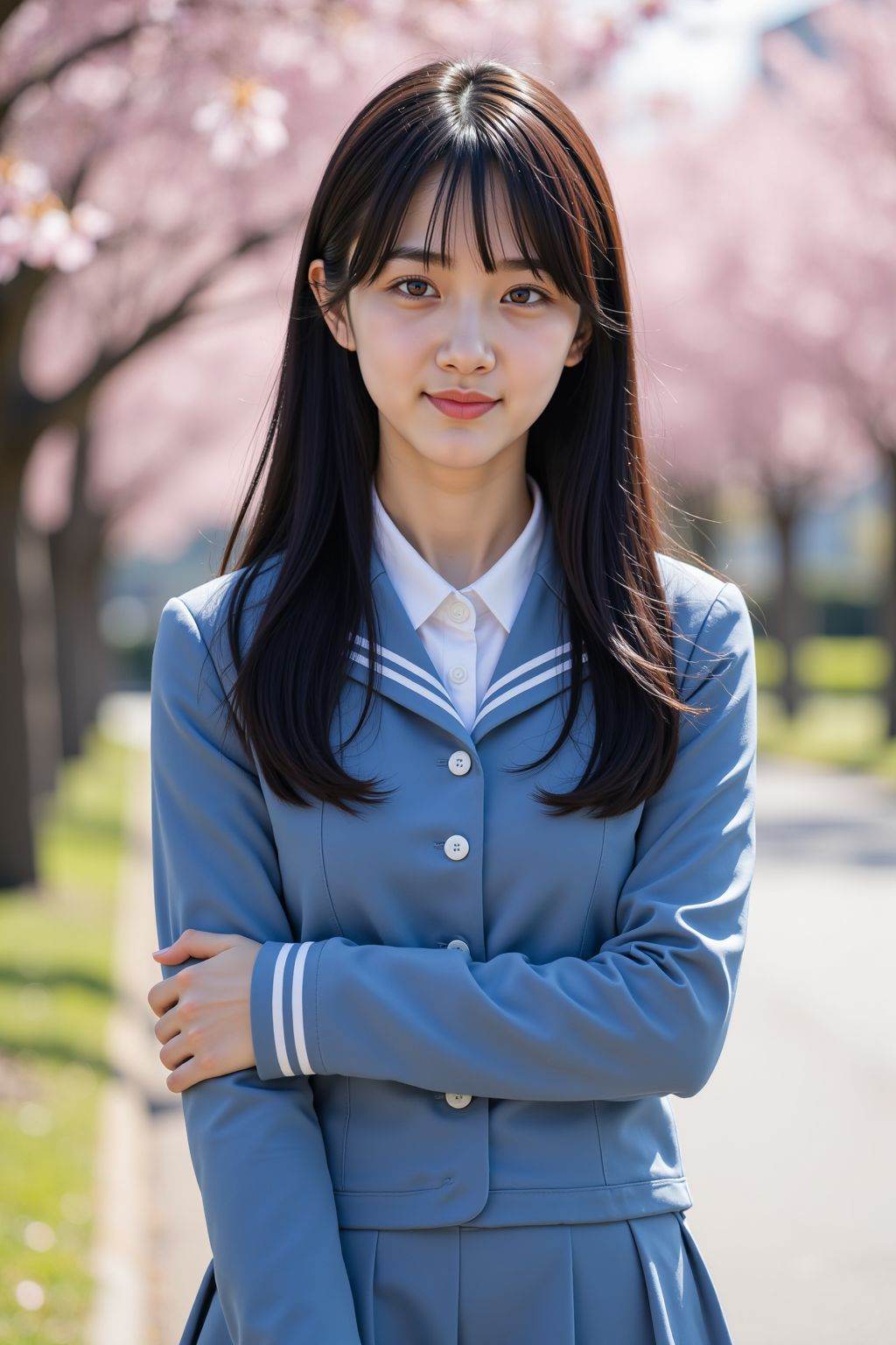 HDR photo of cinematic film still,young girl,solo,black hair,smirk,blue school uniforms,skirt,peach blossom,outdoors,