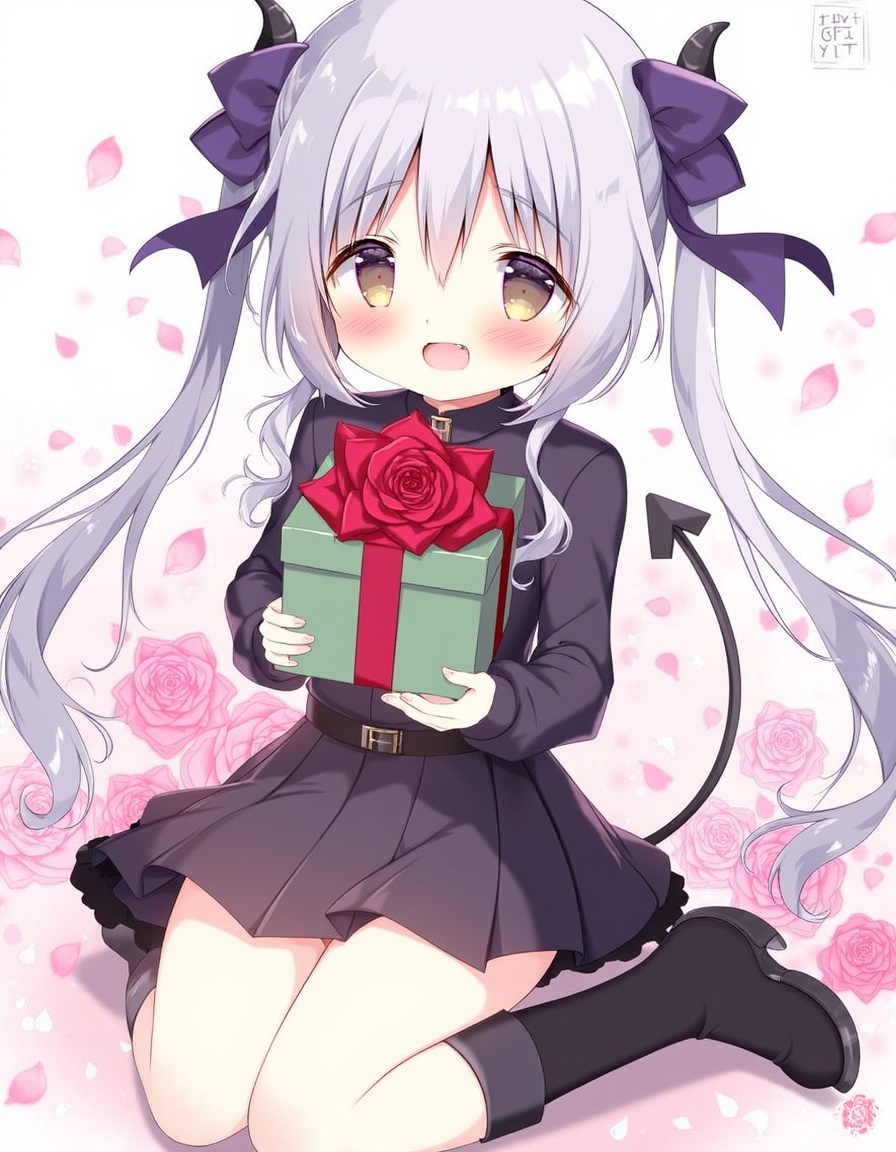 shiratama_(shiratamaco), commentary_request, 1girl, :d, black_footwear, black_nails, black_shirt, black_skirt, blush, boots, bow, box, brown_eyes, demon_girl, demon_horns, demon_tail, fang, feet_out_of_frame, flower, gift, gift_box, grey_hair, hair_between_eyes, hair_bow, holding, holding_gift, horns, knee_boots, long_hair, long_sleeves, looking_at_viewer, nail_polish, petals, pink_flower, pink_rose, pleated_skirt, purple_bow, red_flower, red_rose, ringlets, rose, sample_watermark, shirt, sitting, skirt, smile, solo, tail, tail_censor, twintails, very_long_hair, virtual_youtuber, watermark, emma_august, emma_august_(6th_costume), nijisanji, year_2023,, <lora:flux-Shiratamaco-000008:1>