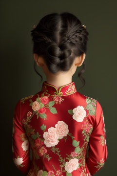 (masterpiece, top quality, best quality, official art, beautiful and aesthetic:1.2),feixing, 1girl, back view, solo, from behind, chinese clothes, black hair, braid, facing away, dress, red dress, hair ornament, nape, floral print, simple background, hair bun
