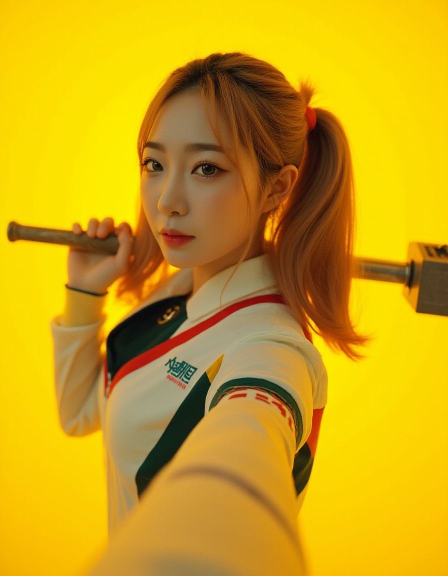 Masterpiece, Top quality, beautiful Korean woman, doll-like face, clean skin, neat honey-brown twintails, bright challenging grin, school jersey-style power suit, armored panels, active pose, giant high-tech warhammer, resting on shoulder, intensely saturated monochromatic citrine-yellow background, POV, high angle, face-focused close-up, looking up at viewer, massive warhammer head, visible behind her, framing face