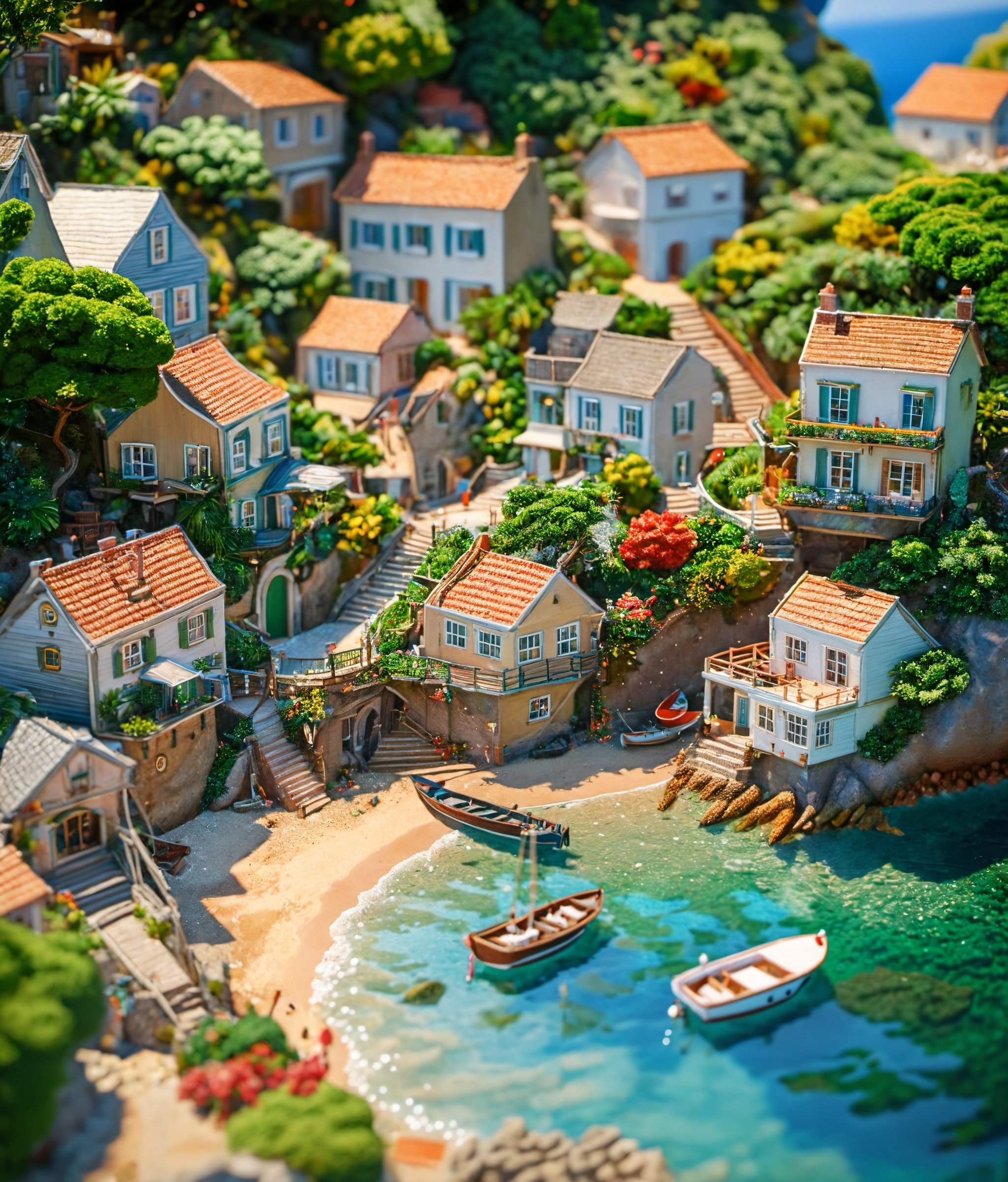 <lora:鼻涕泡_微缩王国_V1.0:0.9>,highly detailed,ultra-high resolutions,32K UHD,best quality,masterpiece,tao,chi,scenery,outdoors,water,boat,house,watercraft,tree,stairs,blurry,building,The image showcases a picturesque coastal town with quaint houses,boats,and lush greenery,all rendered in a miniature style.,