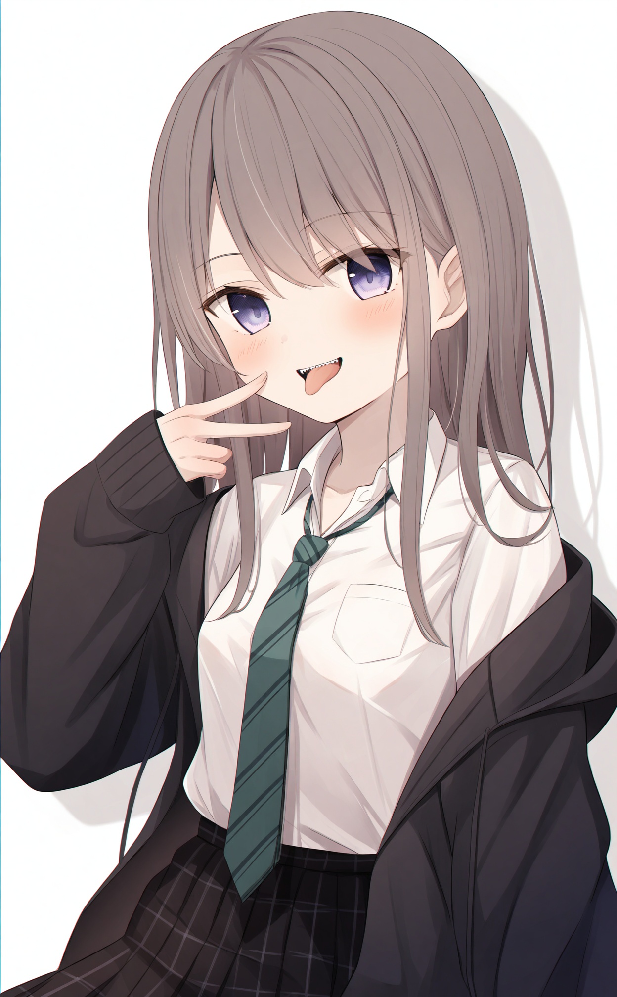 white_background,masterpiece,very aware,highres,absurdres,newest,best quality,loli,petite,high quality,chromatic_aberration,loli,loli,//,1girl, shirt, solo, necktie, skirt, diagonal-striped_clothes, white_shirt, diagonal-striped_necktie, tongue, black_skirt, collared_shirt, green_necktie, teeth, long_hair, brown_hair, black_jacket, looking_at_viewer, open_clothes, tongue_out, jacket, long_sleeves, blush, pleated_skirt, white_background, breasts, sharp_teeth, shadow, striped_necktie, plaid, hand_up, open_jacket, school_uniform, simple_background, smile, striped_clothes, plaid_skirt, open_mouth, dress_shirt, off_shoulder, loose_necktie, black_cardigan, sleeves_past_wrists, pocket, puffy_long_sleeves, blue_eyes, purple_eyes, medium_breasts, shirt_tucked_in, hood, upper_teeth_only, hair_between_eyes, hood_down, sidelocks, hooded_jacket//,//,<lora:千道センリ——【noob】hans:0.8>,