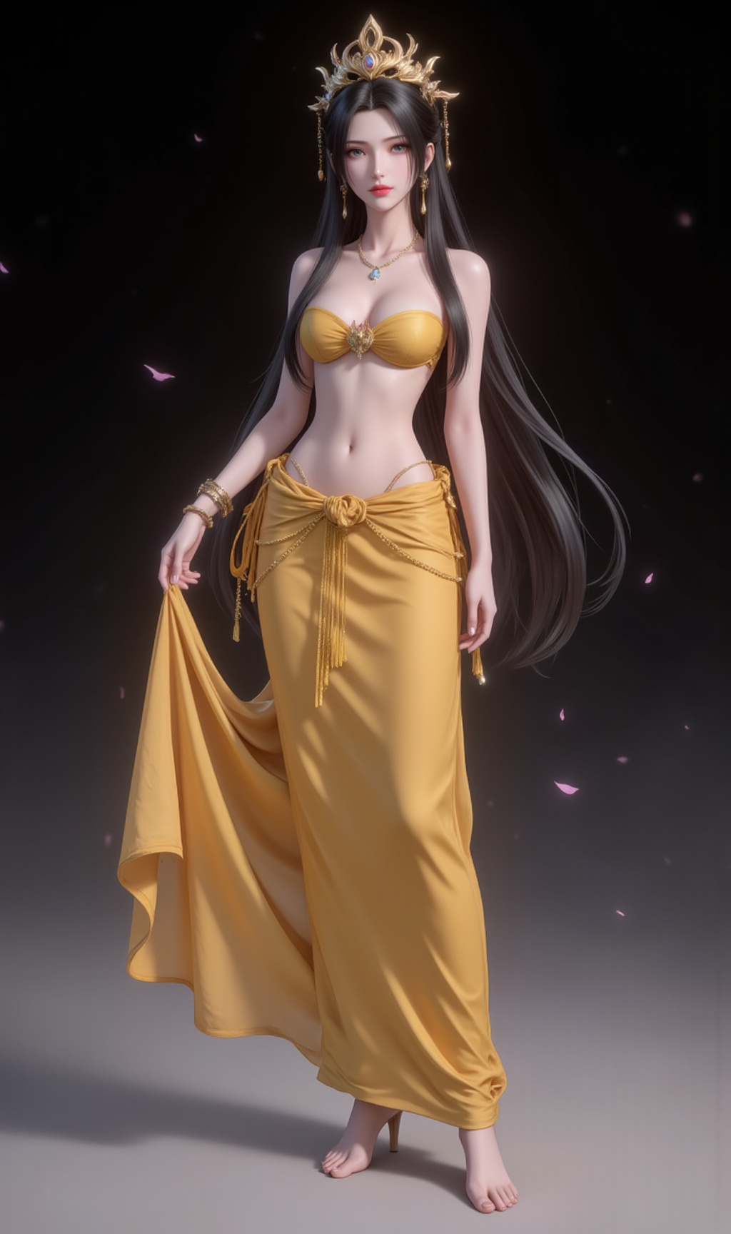<lora:比基尼1·人物百搭款6:1.1>,bijini,1girl,solo,jewelry,long hair,navel,black hair,barefoot,bracelet,necklace,breasts,swimsuit,midriff,bandeau,strapless,standing,bikini,bare shoulders,(long skirt:1.2),yellow skirt,full body,black_background,simple background,<lora:李慕婉·衣服百搭款6:1.1>,limuwan,black hair,long hair,grey eyes,jewelry,earrings,crown,phoenix_crown,(large breasts:1.2),cover,gradient background,close-up details,outstanding style,adding a touch of dimension to your images without compromising details,close-up,<lora:DJ滤镜_2.5D版:0.3>,lvjing,<lora:油画唯美滤镜15:0.2>,baoshi,
